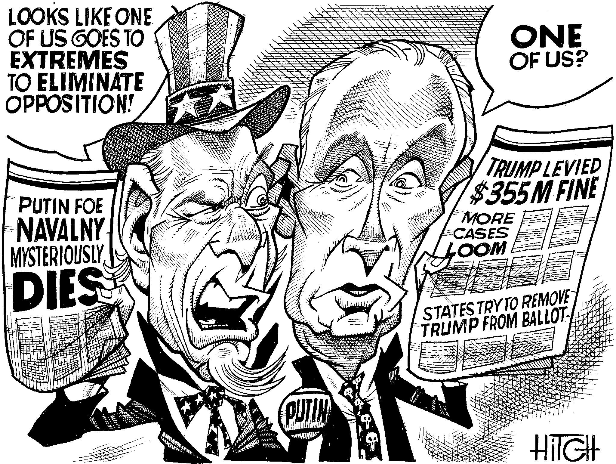 Line art OCR: LOOKS LIKE ONE OF US GOES TO EXTREMES TO ELIMINATE OPPOSITION! PUTIN FOE NAVALNY MYSTERIOUSLY DIES FERIE INSTON. 15 S =4... 744 PUTIN suur ONE OF US? TRUMP LEVIED $355M FINE MORE CASES COOM STATES TRY TO REMOVE TRUMP FROM BALLOT HITCH LOOKS LIKE ONE OF US GOES TO EXTREMES TO ELIMINATE OPPOSITION ! PUTIN FOE NAVALNY MYSTERIOUSLY DIES FERIE INSTON . 15 S = 4 ... 744 PUTIN suur ONE OF US ? TRUMP LEVIED $ 355M FINE MORE CASES COOM STATES TRY TO REMOVE TRUMP FROM BALLOT HITCH