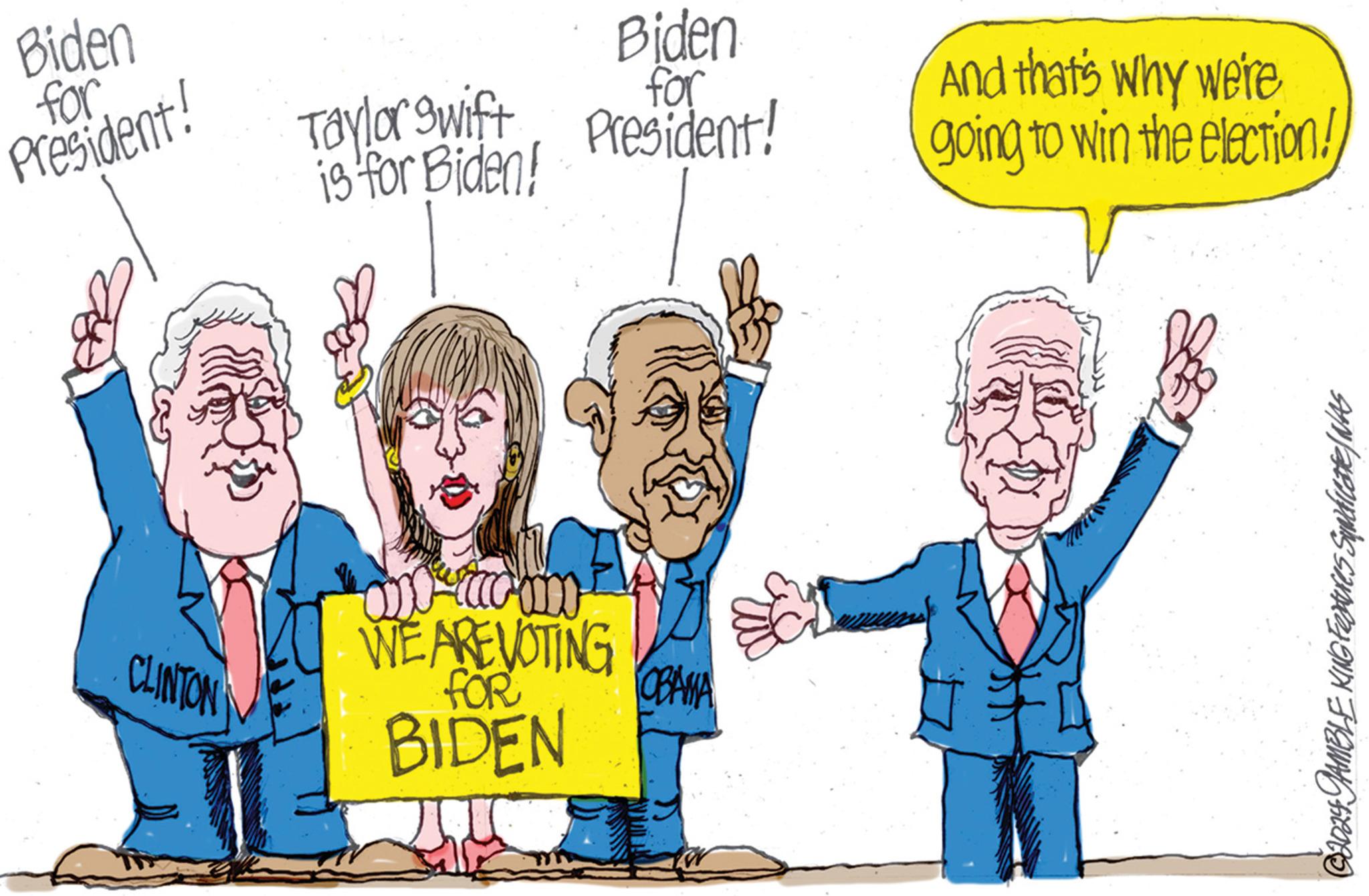 Font OCR: Biden for President! CLINTON Taylor Swift is for Biden! Biden for President! m² am² WE ARE VOTING FOR BIDEN OBAMA And that's why we're going to win the election! @2024 JAMBLEKING Features Syndicate/ WAS Biden for President ! CLINTON Taylor Swift is for Biden ! Biden for President ! m² am² WE ARE VOTING FOR BIDEN OBAMA And that's why we're going to win the election ! @ 2024 JAMBLEKING Features Syndicate / WAS