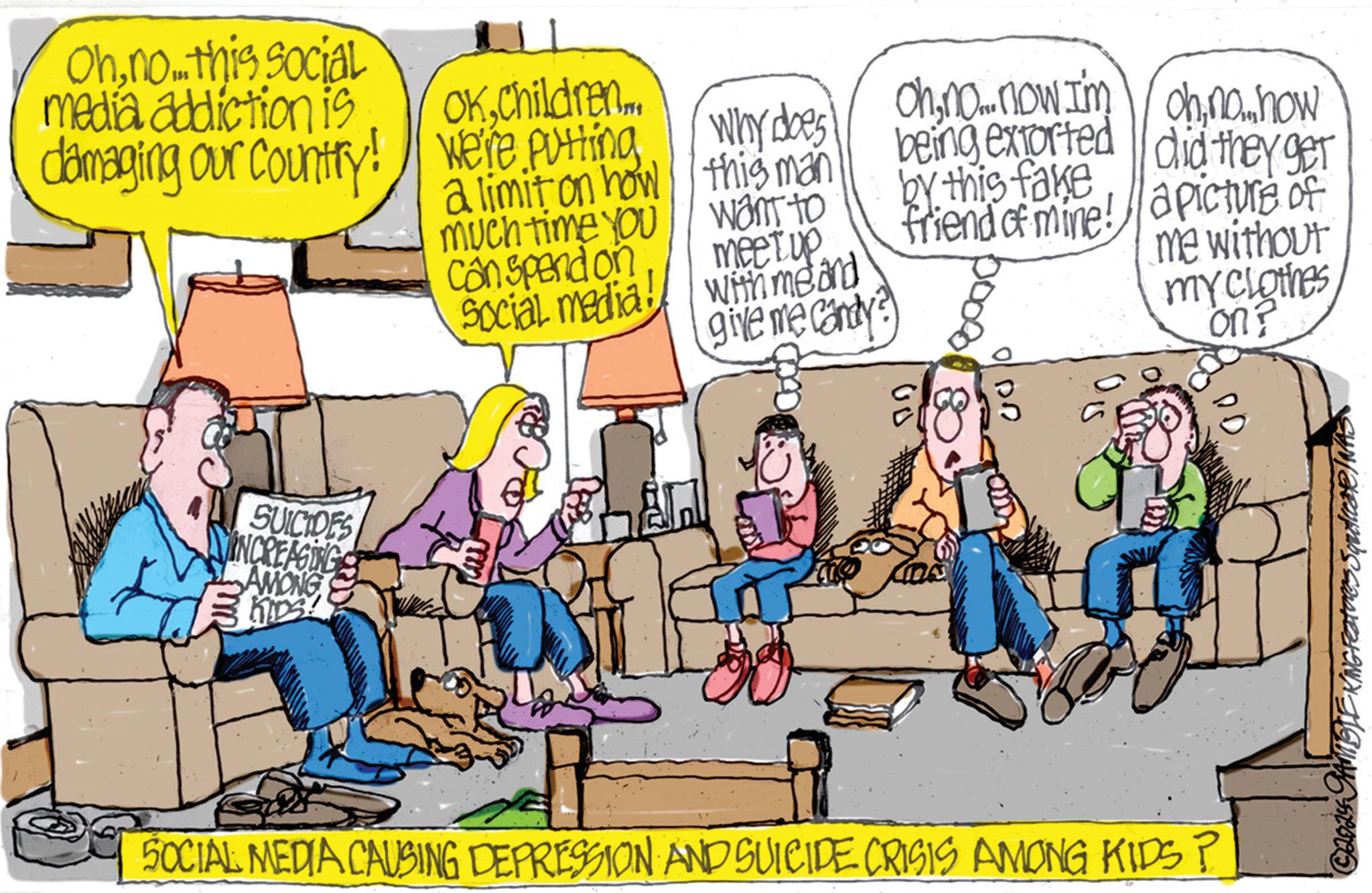 Conversation OCR: Ohno...this Social media addiction is L OK.Children... damaging our country! we're putting why does a limit on how this man much time you Con spend on Social media SUICIDES VINCREASING AMONG want to meet up with me and give me candy?) ohna. how being extorted did they get by this fake friend of mine! a picture of me without my clothes on? an SOCIAL MEDIA CAUSING DEPRESSION AND SUICIDE CRISIS AMONG KIDS ? Swakopans causes Lewys mesesno ... this Social media addiction is L OK.Children ... damaging our country ! we're putting why does a limit on how this man much time you Con spend on Social media SUICIDES VINCREASING AMONG want to meet up with me and give me candy ? ) ohno .. now I'm / ohna . how being extorted did they get by this fake friend of mine ! a picture of me without my clothes on ? an SOCIAL MEDIA CAUSING DEPRESSION AND SUICIDE CRISIS AMONG KIDS ? Swakopans causes Lewys meses