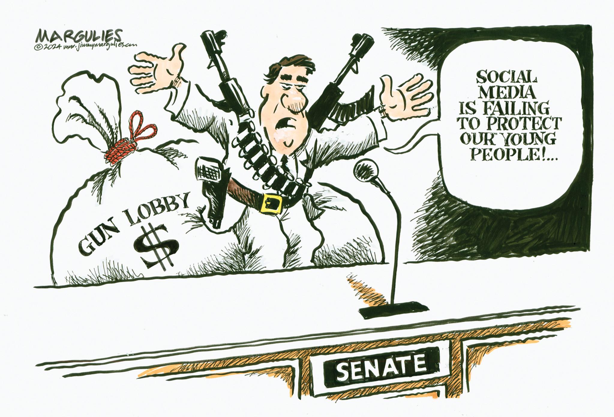 Drawing OCR: MARGULIES ?2024 www.jimmymargulies.com GUN LOBBY JU!! 2 SENATE SOCIAL MEDIA IS FAILING TO PROTECT OUR YOUNG PEOPLE!... MARGULIES ?2024 www.jimmymargulies.com GUN LOBBY JU !! 2 SENATE SOCIAL MEDIA IS FAILING TO PROTECT OUR YOUNG PEOPLE ! ...