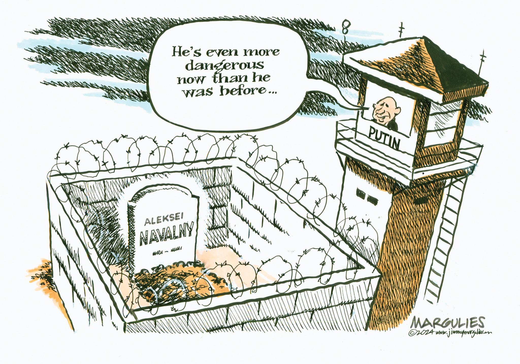 Illustration OCR: He's even more dangerous now than he was before... ALEKSEI NAVALNY win-win PUTIN MARGULIES ?2024 www.jimmymargulies.com He's even more dangerous now than he was before ... ALEKSEI NAVALNY win - win PUTIN MARGULIES ?2024 www.jimmymargulies.com
