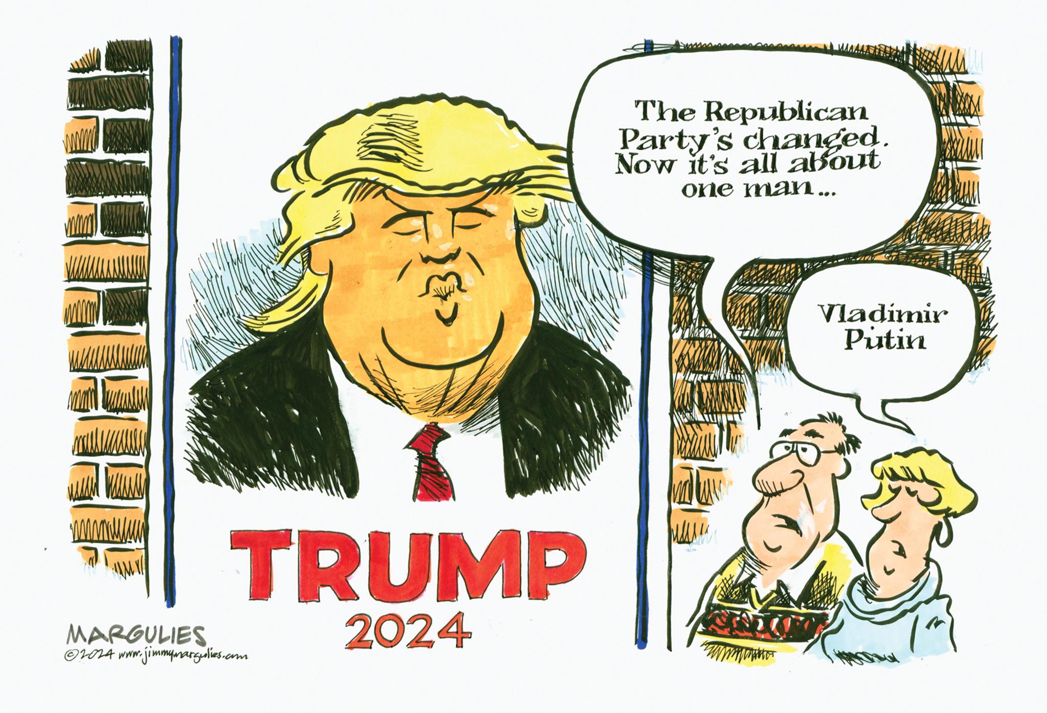 Art OCR: TH wa kum muuuu AMY MARGULIES TRUMP 2024 ?2024 www.jimmymargulies.com The Republican Party's changed. Now it's all about one man ... MIL AN W ???? Vladimir Putin (^^) TH wa kum muuuu AMY MARGULIES TRUMP 2024 ?2024 www.jimmymargulies.com The Republican Party's changed . Now it's all about one man ... MIL AN W ???? Vladimir Putin ( ^^ )