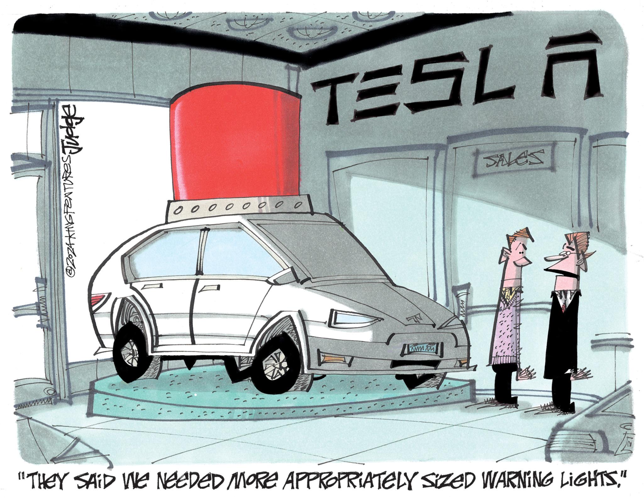 Hood OCR: ww my apne sa @2024KING FEATURES00 0 0 0 0 0 TESLA Tamm May SALES "THEY SAID WE NEEDED MORE APPROPRIATELY SIZED WARNING LIGHTS" ww my apne sa @ 2024KING FEATURES00 0 0 0 0 0 TESLA Tamm May SALES " THEY SAID WE NEEDED MORE APPROPRIATELY SIZED WARNING LIGHTS