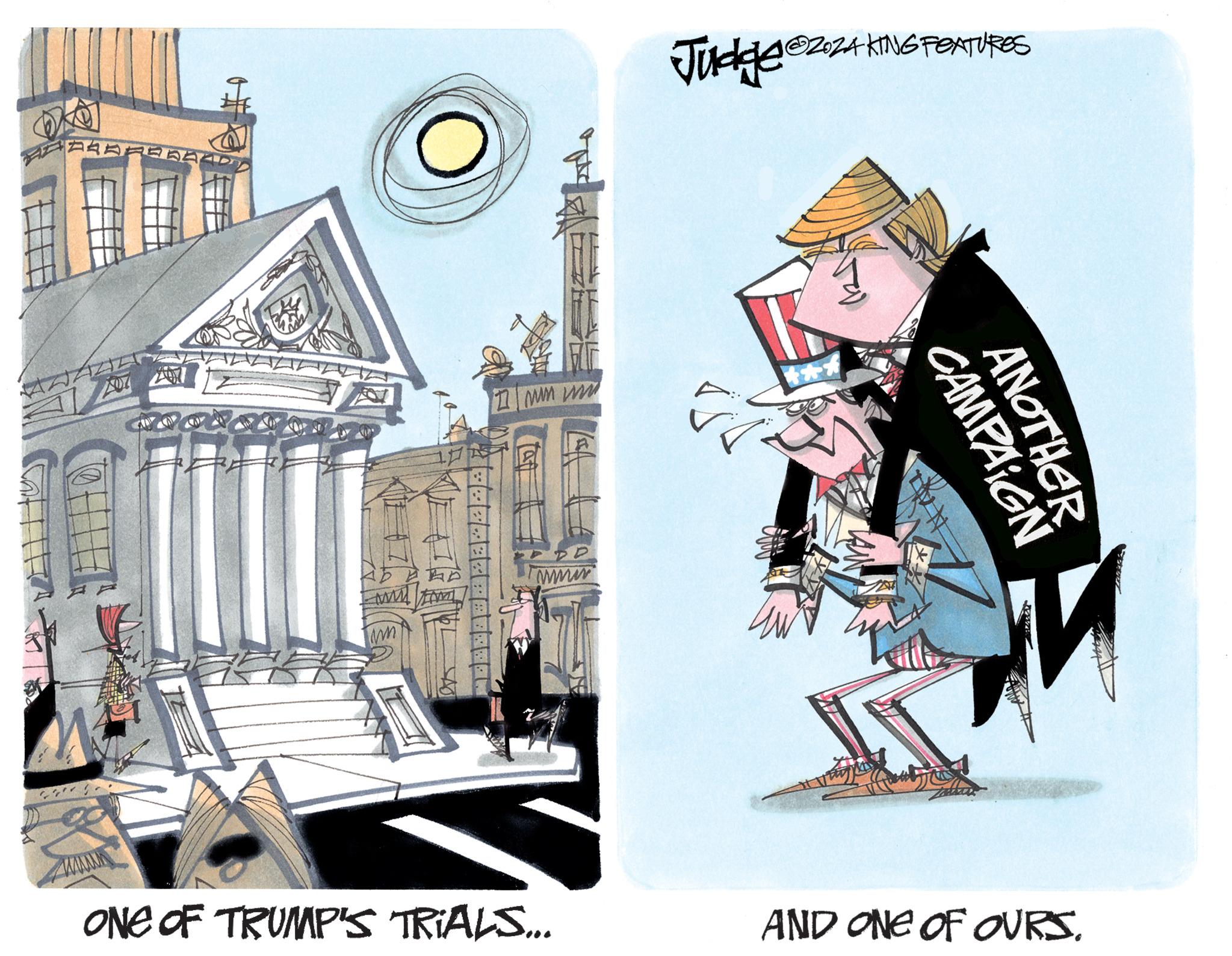 Painting OCR: ??? MA en www w 17mm m at www ONE OF TRUMP'S TRIALS... 1?ZOZA KING FEATURES Judge @zoz4 CAMPAIGN ANOTHER V AND ONE OF OURS. ? ? ? MA en www w 17mm m at www ONE OF TRUMP'S TRIALS ... 1?ZOZA KING FEATURES Judge @ zoz4 CAMPAIGN ANOTHER V AND ONE OF OURS .