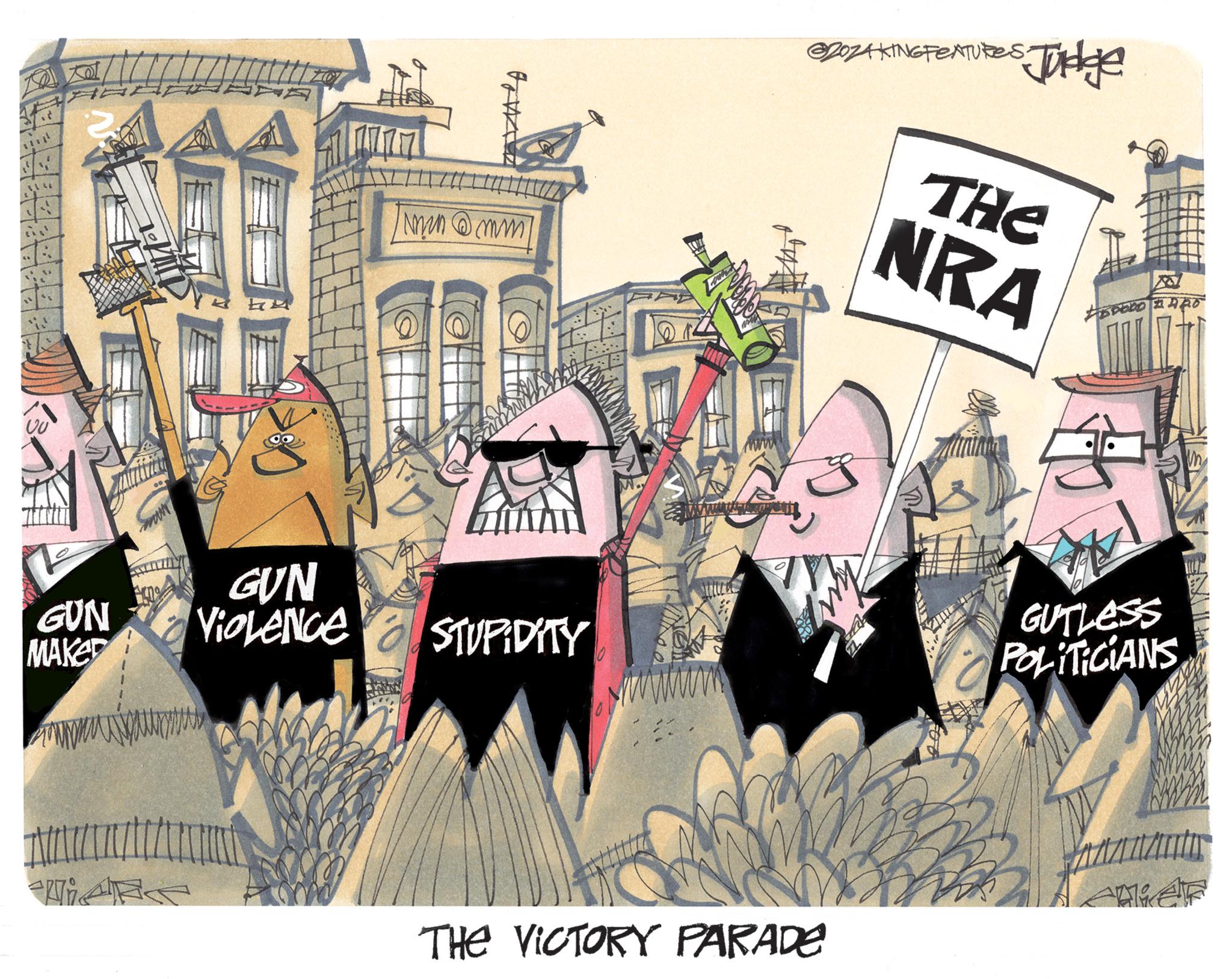 Graphics OCR: (**|! GUN MAKE AR HA ZOY Fo Min@mm GUN VIOLENCE STUPIDITY Vilino a D 2024KING FEATURES: FEATURES Judge THE VICTORY PARADE THE NRA 0 GUTLESS POLITICIANS AR19 ( ** | ! GUN MAKE AR HA ZOY Fo Min @ mm GUN VIOLENCE STUPIDITY Vilino a D 2024KING FEATURES : FEATURES Judge THE VICTORY PARADE THE NRA 0 GUTLESS POLITICIANS AR19