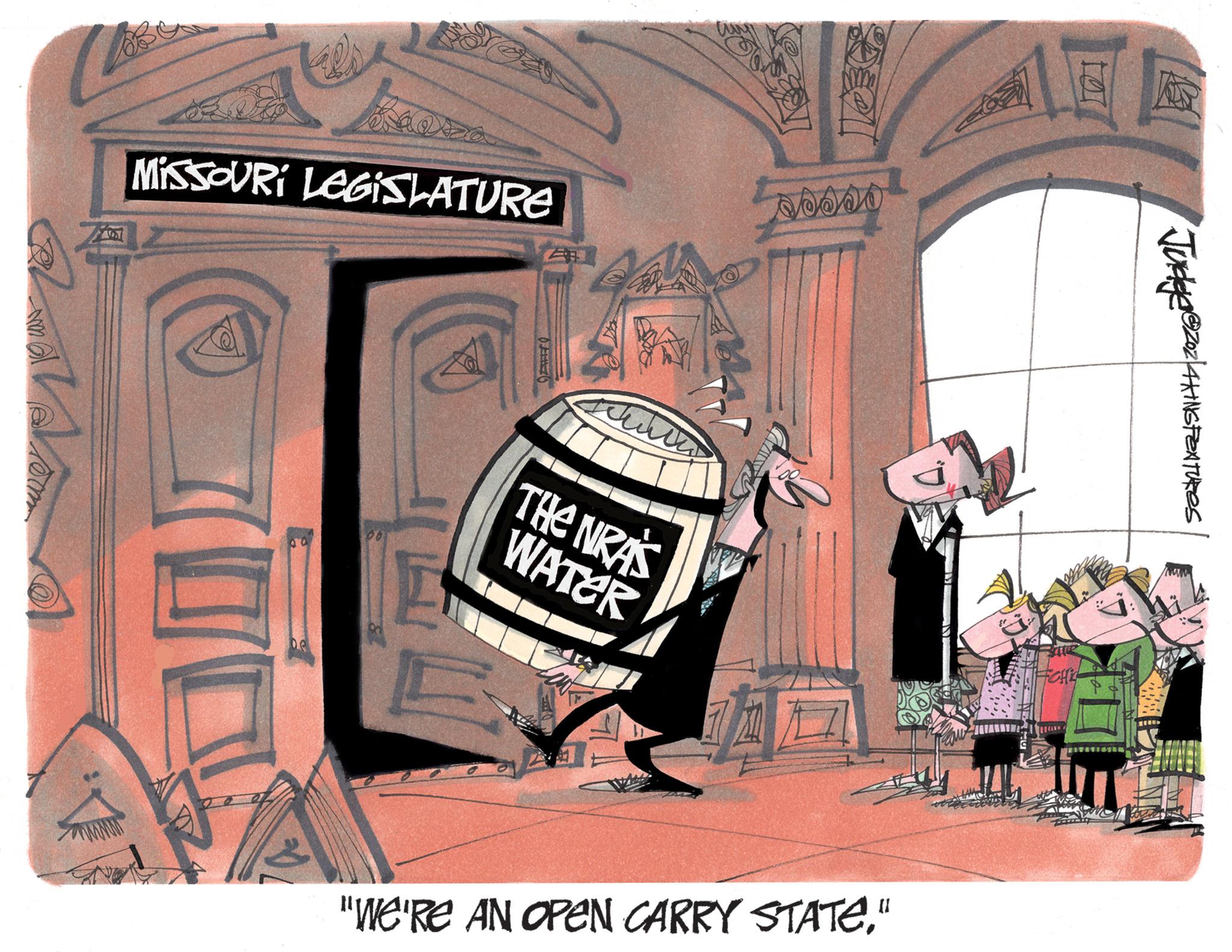 Fictional character OCR: ww ZEA MISSOURI LEGISLATURE De Juli THE NRA'S WATER sooso "We'RE AN OPEN CARRY STATE." 3 TECHC Judges 4KING FEATURes ww ZEA MISSOURI LEGISLATURE De Juli THE NRA'S WATER sooso " We'RE AN OPEN CARRY STATE . " 3 TECHC Judges 4KING FEATURes