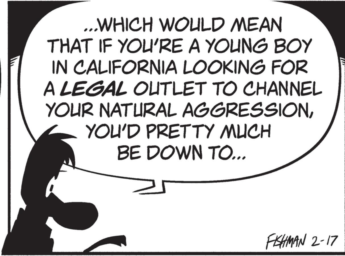 Event OCR: ...WHICH WOULD MEAN THAT IF YOU'RE A YOUNG BOY IN CALIFORNIA LOOKING FOR A LEGAL OUTLET TO CHANNEL YOUR NATURAL AGGRESSIONYOU'D PRETTY MUCH BE DOWN TO... FISHMAN 2-17 ... WHICH WOULD MEAN THAT IF YOU'RE A YOUNG BOY IN CALIFORNIA LOOKING FOR A LEGAL OUTLET TO CHANNEL YOUR NATURAL AGGRESSIONYOU'D PRETTY MUCH BE DOWN TO ... FISHMAN 2-17