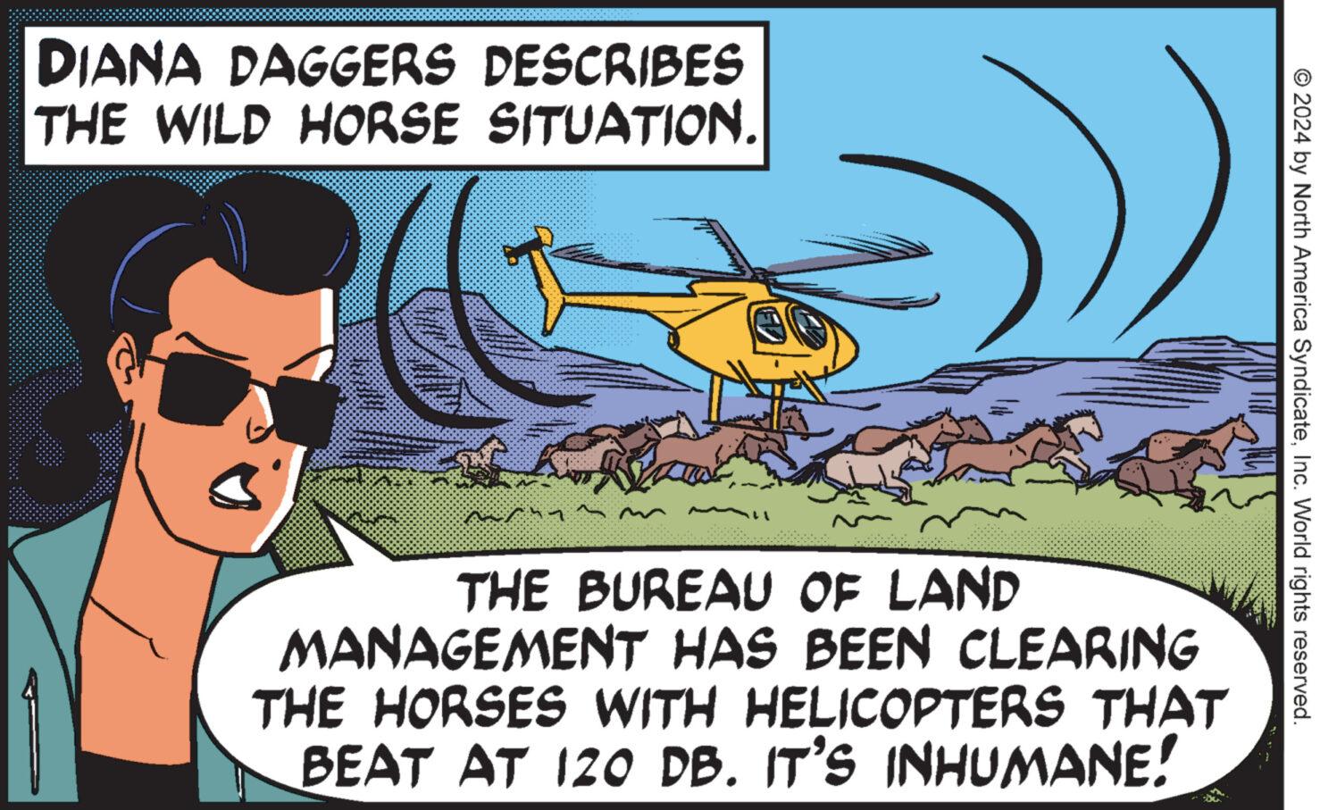 Drawing OCR: DIANA DAGGERS DESCRIBES THE WILD HORSE SITUATION. ^^7^ THE BUREAU OF LAND MANAGEMENT HAS BEEN CLEARING THE HORSES WITH HELICOPTERS THAT BEAT AT 120 DB. IT'S INHUMANE! ?2024 by North America SyndicateInc. World rights reserved. DIANA DAGGERS DESCRIBES THE WILD HORSE SITUATION . ^^ 7 ^ THE BUREAU OF LAND MANAGEMENT HAS BEEN CLEARING THE HORSES WITH HELICOPTERS THAT BEAT AT 120 DB . IT'S INHUMANE ! ?2024 by North America SyndicateInc. World rights reserved .