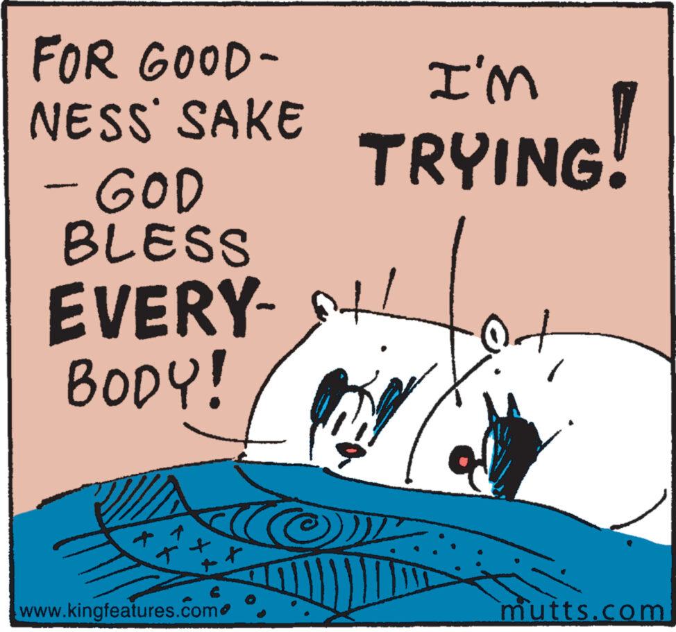 Poster OCR: FOR GOOD- NESS SAKE - GOD BLESS EVERY- BODY! www.kingfeatures.com I'm TRYING! mutts.com FOR GOOD NESS SAKE - GOD BLESS EVERY BODY ! www.kingfeatures.com I'm TRYING ! mutts.com