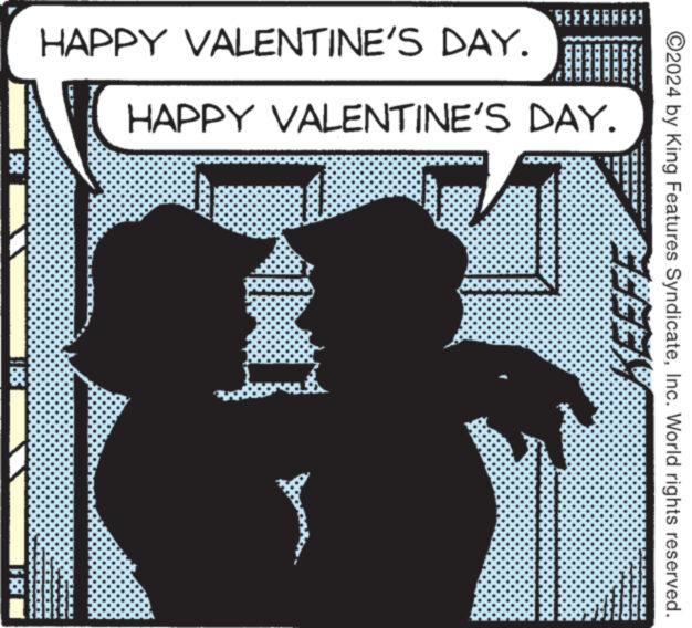 Line art OCR: 133 1333. ?2024 by King Features SyndicateInc. World rights reserved. HAPPY VALENTINE'S DAY. HAPPY VALENTINE'S DAY. 98 - 38 133 1333 . ?2024 by King Features SyndicateInc. World rights reserved . HAPPY VALENTINE'S DAY . HAPPY VALENTINE'S DAY . 98 - 38