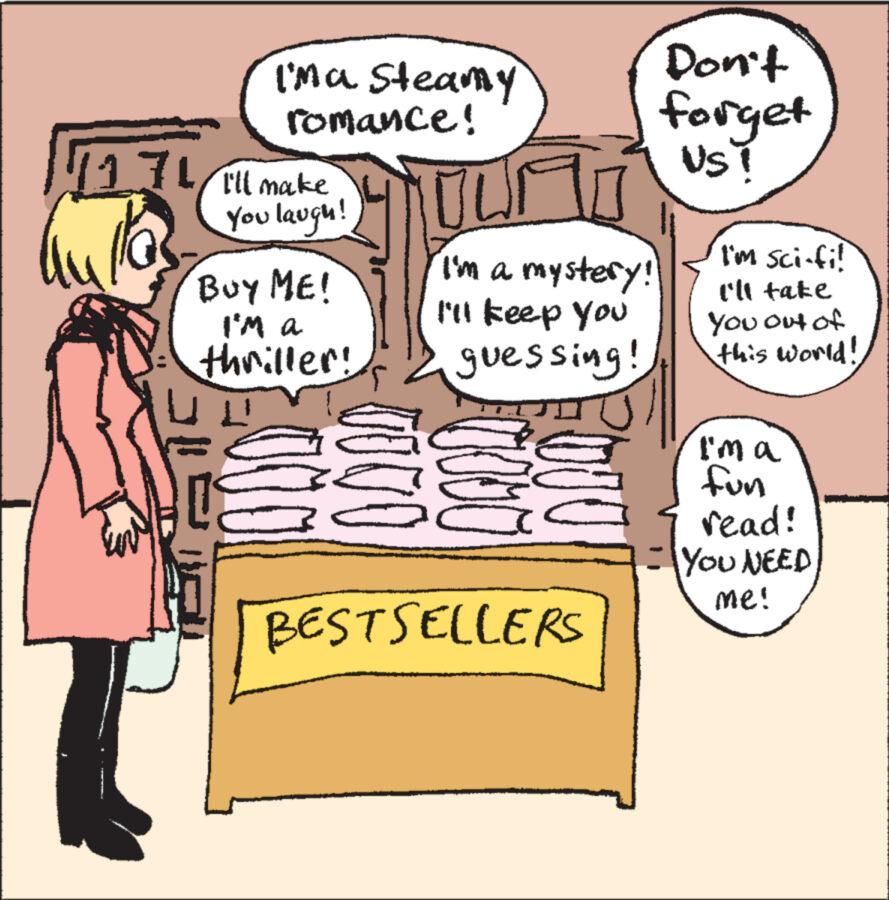 Illustration OCR: 1174/ I'll make You laugh! I'ma Steamy romance! BUY ME! I'm a thriller! SUE L I'm a mystery! I'll keep you guessing! BESTSELLERS Don't forget US! I'm sci-fi! I'll take You out of this world! I'm a fun read! YOU NEED me! 1174 / I'll make You laugh ! I'ma Steamy romance ! BUY ME ! I'm a thriller ! SUE L I'm a mystery ! I'll keep you guessing ! BESTSELLERS Don't forget US ! I'm sci - fi ! I'll take You out of this world ! I'm a fun read ! YOU NEED me !