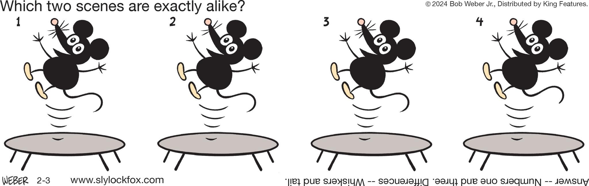 Mammal OCR: Which two scenes are exactly alike? 1 2 WEBER 2-3 www.slylockfox.com 3 © 2024 Bob Weber Jr.Distributed by King Features. 4 Answer -- Numbers one and three. Differences -- Whiskers and tail. Which two scenes are exactly alike ? 1 2 WEBER 2-3 www.slylockfox.com 3 © 2024 Bob Weber Jr.Distributed by King Features . 4 Answer -- Numbers one and three . Differences -- Whiskers and tail .