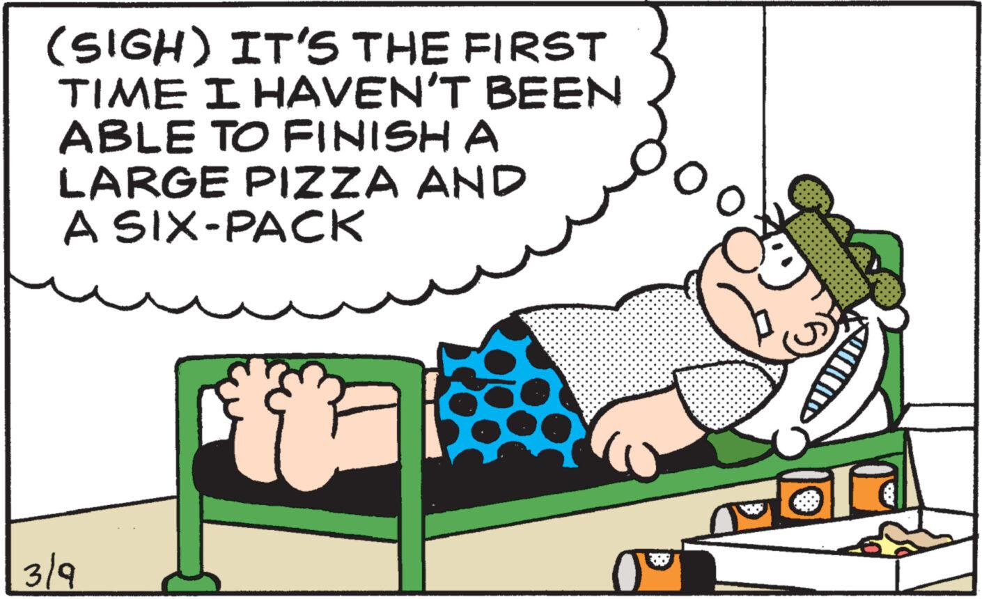 Happy OCR: (SIGH) IT'S THE FIRST TIME I HAVEN'T BEEN ABLE TO FINISH A LARGE PIZZA AND A SIX-PACK 3/9 ( SIGH ) IT'S THE FIRST TIME I HAVEN'T BEEN ABLE TO FINISH A LARGE PIZZA AND A SIX - PACK 3/9
