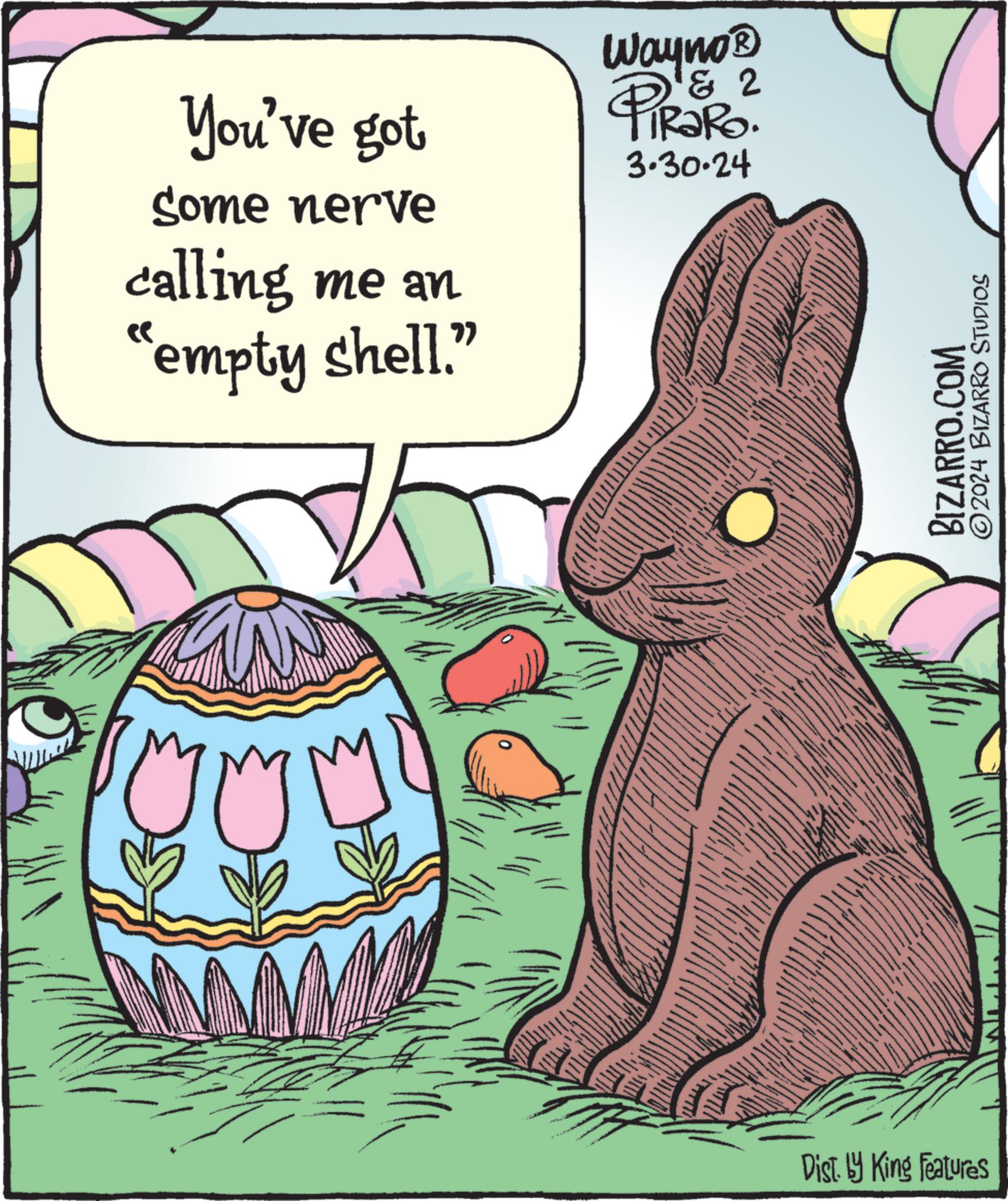 Rabbit OCR: You've got Some nerve calling me an "empty shell." Wayno? 2 PiRaRo. 3.30.24 Dist. by King Features BIZARRO.COM ©2024 BIZARRO STUDIOS You've got Some nerve calling me an " empty shell . " Wayno? 2 PiRaRo . 3.30.24 Dist . by King Features BIZARRO.COM © 2024 BIZARRO STUDIOS