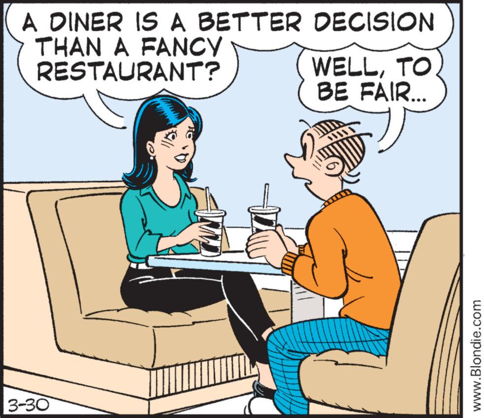 Finger OCR: 3-30 A DINER IS A BETTER DECISION THAN A FANCY RESTAURANT? WELLTO BE FAIR... www.Blondie.com 3-30 A DINER IS A BETTER DECISION THAN A FANCY RESTAURANT ? WELLTO BE FAIR ... www.Blondie.com
