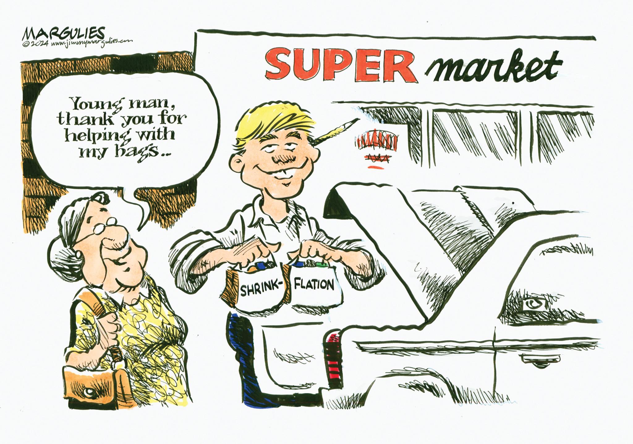 Pleased OCR: MARGULIES ?2024 www.jimmymargulies.com KOS Young manthank you for helping with my bags... SUPER market SHRINK-FLATION Ally MARGULIES ?2024 www.jimmymargulies.com KOS Young manthank you for helping with my bags ... SUPER market SHRINK - FLATION Ally