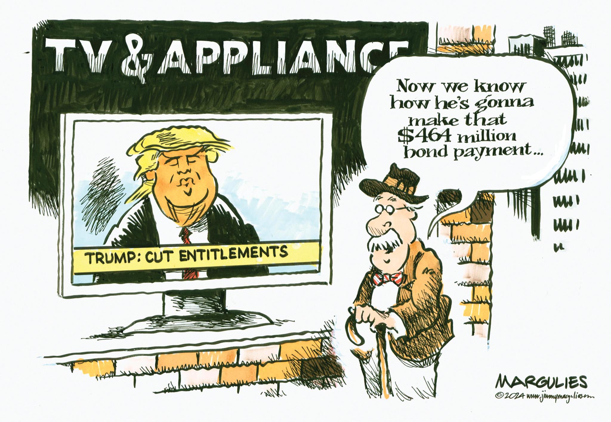 Personal computer OCR: TV&APPLIANCE Now we know how he's gonna make that $464 million bond payment... 717 TRUMP: CUT ENTITLEMENTS www ww MARGULIES 2024 www.jimmymargulies.com TV & APPLIANCE Now we know how he's gonna make that $ 464 million bond payment ... 717 TRUMP : CUT ENTITLEMENTS www ww MARGULIES 2024 www.jimmymargulies.com