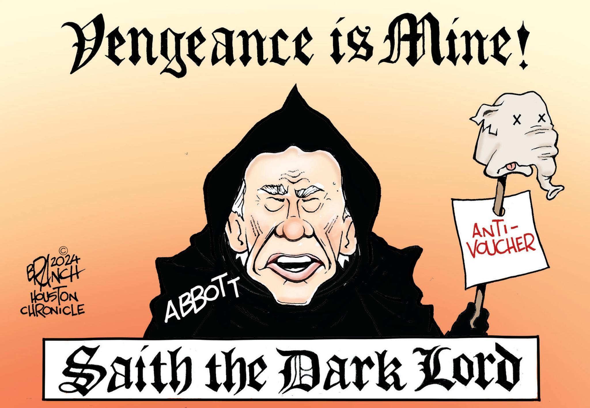 Graphic design OCR: 2024 Vengeance is Mine! HOUSTON CHRONICLE ABBOTT ANTI- VOUCHER Saith the Dark Lord 2024 Vengeance is Mine ! HOUSTON CHRONICLE ABBOTT ANTI- VOUCHER Saith the Dark Lord