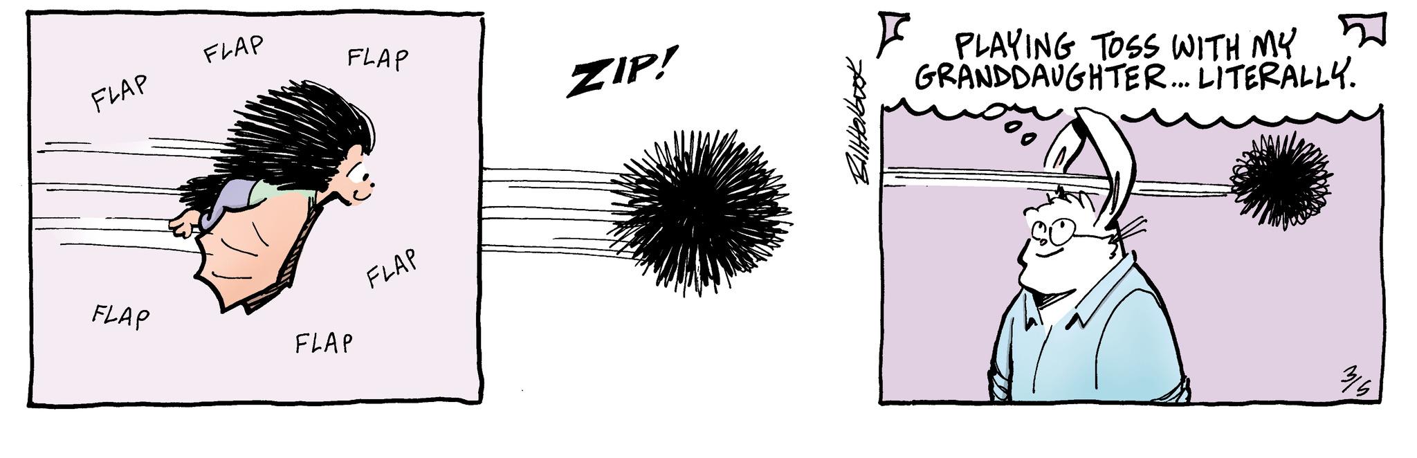 Illustration OCR: FLAP FLAP FLAP FLAP FLAP FLAP ZIP! 70091241119 F PLAYING TOSS WITH MY 5 GRANDDAUGHTER... LITERALLY. 315 FLAP FLAP FLAP FLAP FLAP FLAP ZIP ! 70091241119 F PLAYING TOSS WITH MY 5 GRANDDAUGHTER ... LITERALLY . 315