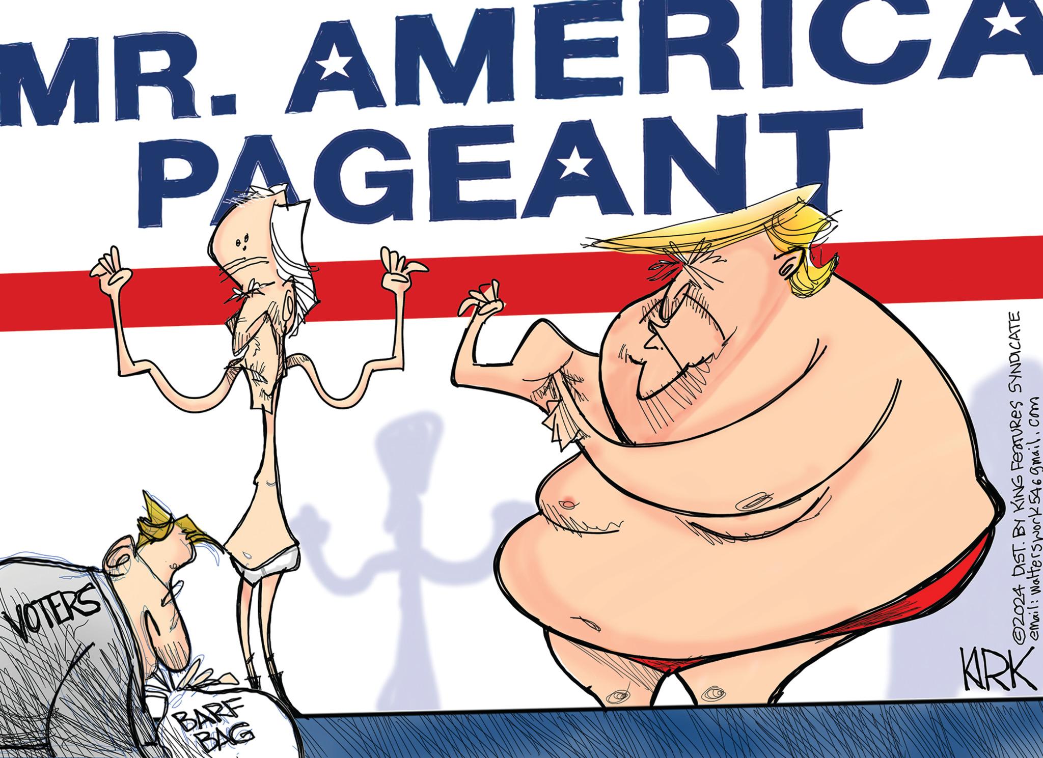 Pleased OCR: BAG BARF To KIRK VOTERS ?2024 DIST. BY KING FEATURES SYNDICATE email: walterswork546gmail.com PAGEANT MR. AMERICA BAG BARF To KIRK VOTERS ?2024 DIST . BY KING FEATURES SYNDICATE email : walterswork546gmail.com PAGEANT MR . AMERICA