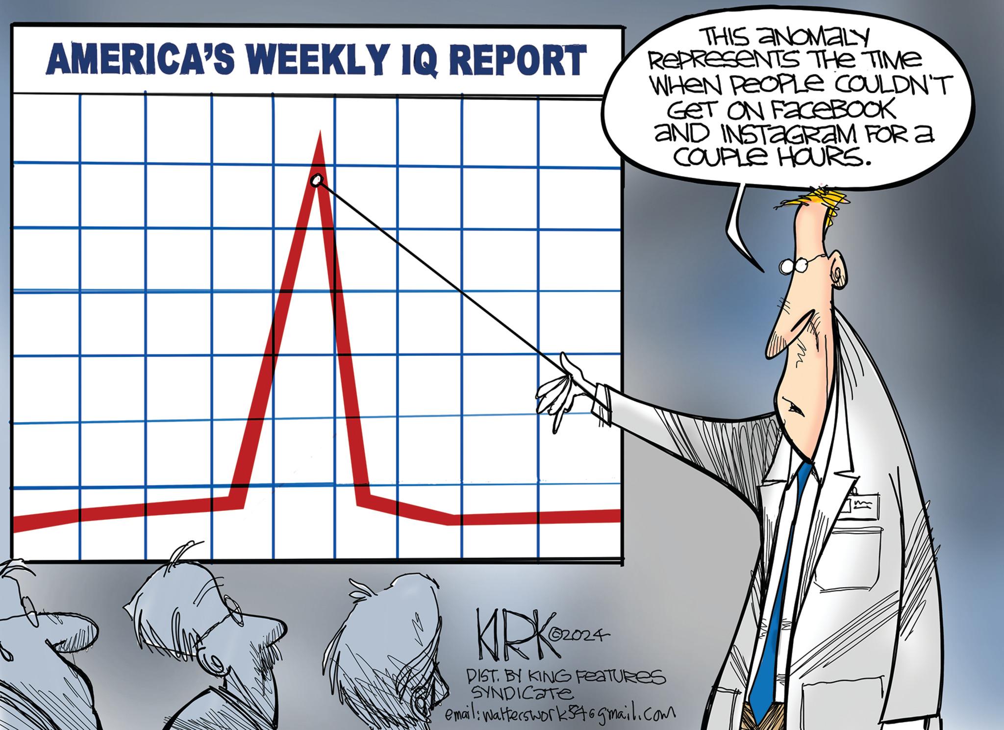 Elbow OCR: AMERICA'S WEEKLY IQ REPORT THIS ANOMALY REPRESENTS THE TIME WHEN PEOPLE COULDN'T GeT ON FaceBook AND INSTAGRAM FOR A COUPLE HOURS. KIRK 02024 DIST. BY KING Features SYNDICATE email: walterswork 546gmail.com no 10 AMERICA'S WEEKLY IQ REPORT THIS ANOMALY REPRESENTS THE TIME WHEN PEOPLE COULDN'T GeT ON FaceBook AND INSTAGRAM FOR A COUPLE HOURS . KIRK 02024 DIST . BY KING Features SYNDICATE email : walterswork 546gmail.com no 10