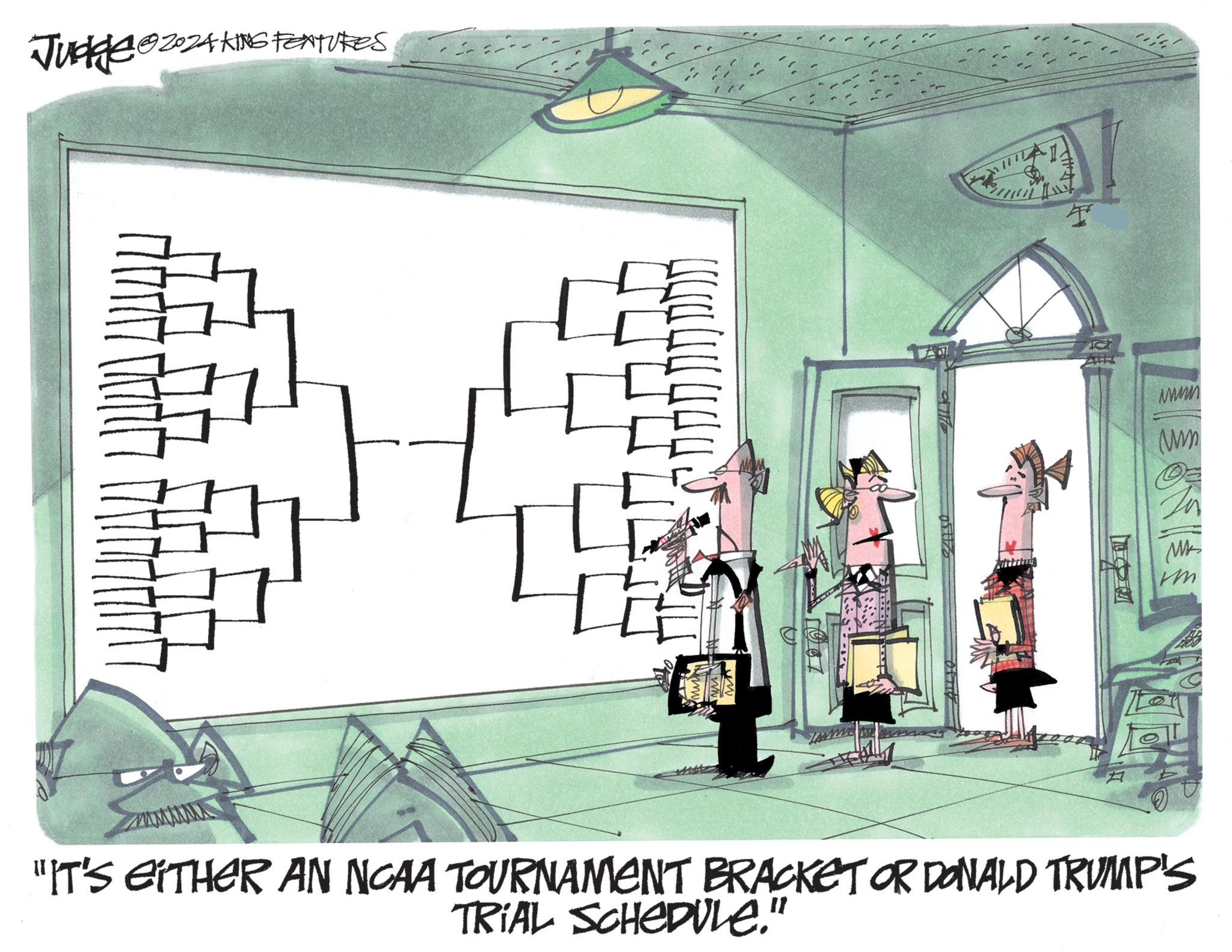 Urban design OCR: Judge 192024 KING FEATURES ?? ? wwww w Mk m "IT'S EITHER AN NCAA TOURNAMENT BRACKET OR DONALD TRUMP'S TRIAL SCHEDULE." Judge 192024 KING FEATURES ?? ? wwww w Mk m " IT'S EITHER AN NCAA TOURNAMENT BRACKET OR DONALD TRUMP'S TRIAL SCHEDULE . "