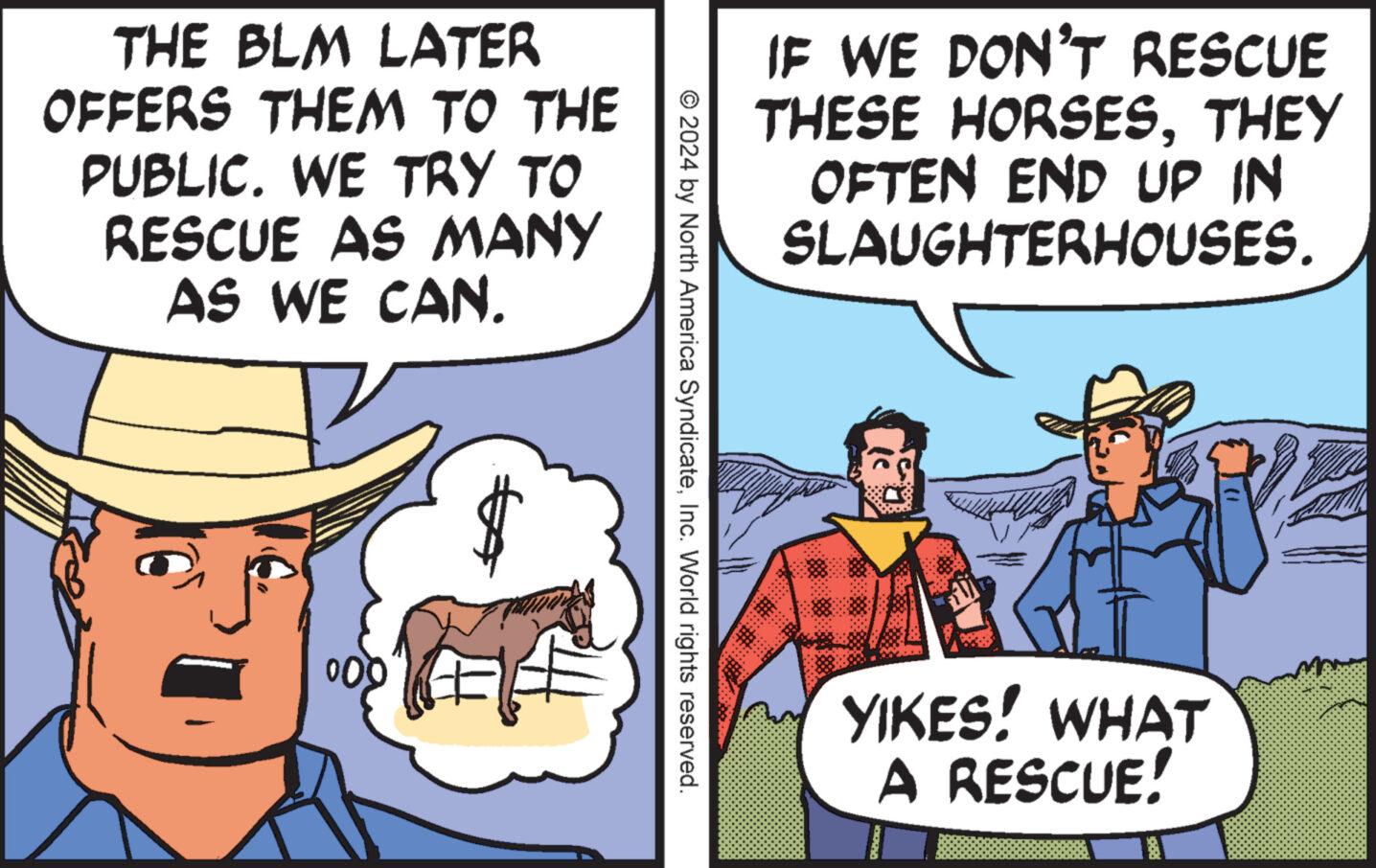Art OCR: THE BLM LATER OFFERS THEM TO THE PUBLIC. WE TRY TO RESCUE AS MANY AS WE CAN. ## © 2024 by North America SyndicateInc. World rights reserved. IF WE DON'T RESCUE THESE HORSESTHEY OFTEN END UP IN SLAUGHTERHOUSES. YIKES! WHAT A RESCUE! THE BLM LATER OFFERS THEM TO THE PUBLIC . WE TRY TO RESCUE AS MANY AS WE CAN . ## © 2024 by North America SyndicateInc. World rights reserved . IF WE DON'T RESCUE THESE HORSESTHEY OFTEN END UP IN SLAUGHTERHOUSES . YIKES ! WHAT A RESCUE !