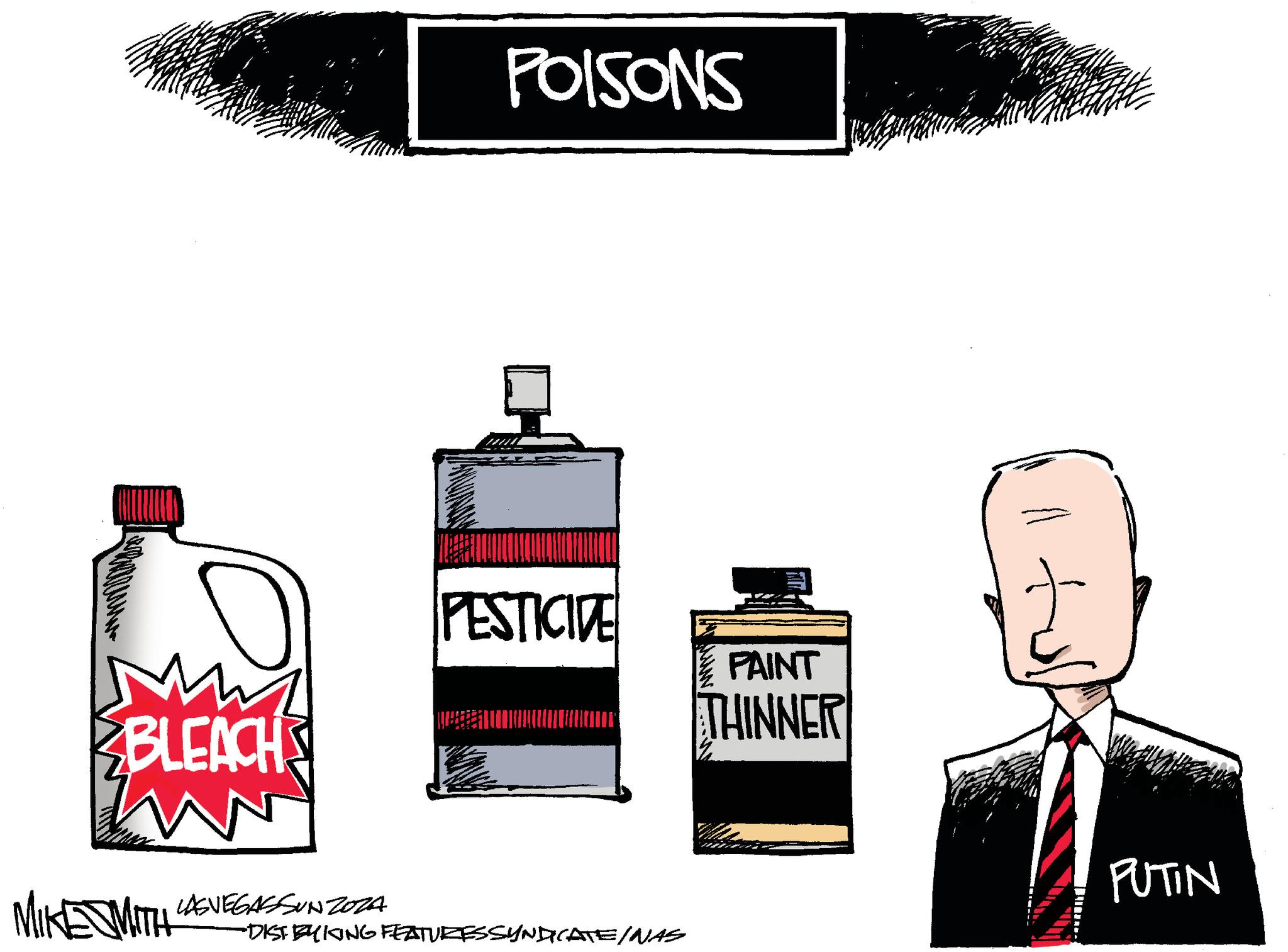Glass bottle OCR: M BLEACH POISONS PESTICIDE PAINT THINNER MIKE SMITH LASVEGASSUNZOZA •DIST BYKING FEATURES SYNDICATE/NAS PUTIN M BLEACH POISONS PESTICIDE PAINT THINNER MIKE SMITH LASVEGASSUNZOZA • DIST BYKING FEATURES SYNDICATE / NAS PUTIN