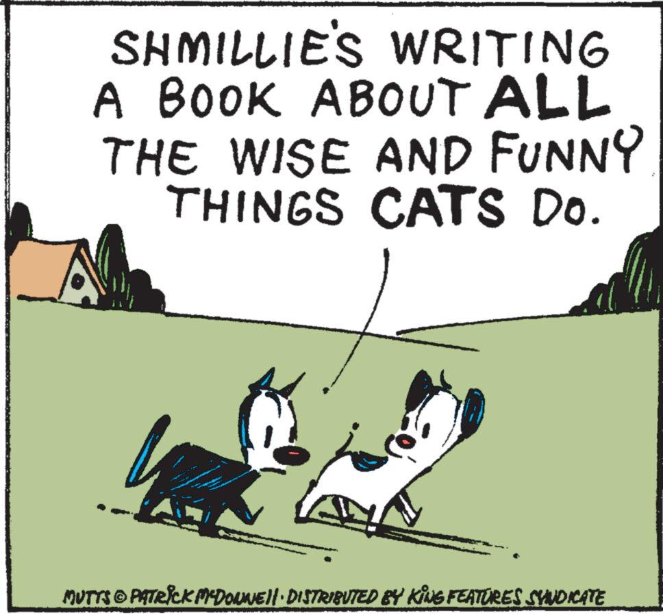 Fiction OCR: SHMILLIE'S WRITING A BOOK ABOUT ALL THE WISE AND FUNNY THINGS CATS Do. MUTTS © PATRICK MCDONNE||· DISTRIBUTED BY KING FEATURES SYNDICATE SHMILLIE'S WRITING A BOOK ABOUT ALL THE WISE AND FUNNY THINGS CATS Do. MUTTS © PATRICK MCDONNE || · DISTRIBUTED BY KING FEATURES SYNDICATE