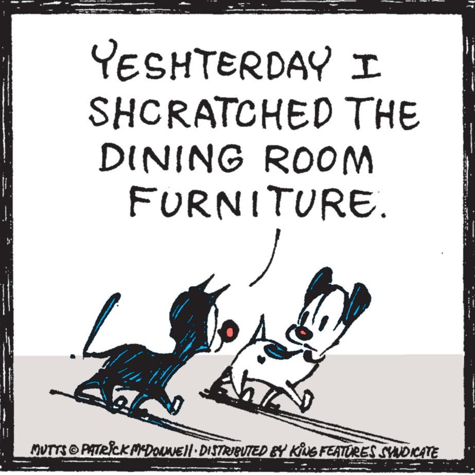 Graphic design OCR: YESHTERDAY I SHCRATCHED THE DINING ROOM FURNITURE. E ? MUTTS © PATRICK MCDONNE||· DISTRIBUTED BY KING FEATURES SYNDICATE € www -_-_ YESHTERDAY I SHCRATCHED THE DINING ROOM FURNITURE . E ? MUTTS © PATRICK MCDONNE || · DISTRIBUTED BY KING FEATURES SYNDICATE € www -_ - _