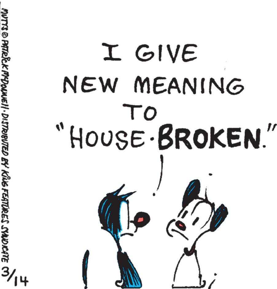 Illustration OCR: I GIVE NEW MEANING TO "HOUSE BROKEN. 11 MUTTS © PATRICK M-DOWNE • DISTRIBUTED BY KING FEATURES SYNDICATE 3/14 I GIVE NEW MEANING TO " HOUSE BROKEN . 11 MUTTS © PATRICK M - DOWNE • DISTRIBUTED BY KING FEATURES SYNDICATE 3/14