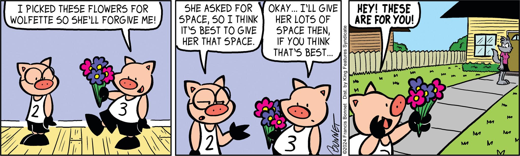 Art OCR: I PICKED THESE FLOWERS FOR WOLFETTE SO SHE'LL FORGIVE ME! 3 SHE ASKED FOR SPACESO I THINK IT'S BEST TO GIVE HER THAT SPACE. OKAY... I'LL GIVE HER LOTS OF SPACE THENIF YOU THINK THAT'S BEST... ©2024 Francis Bonnet Dist. by King Features Syndicate BONNET HEY! THESE ARE FOR YOU! M M M2 M M m m MA M H M M M M Ma M ?? M M M I PICKED THESE FLOWERS FOR WOLFETTE SO SHE'LL FORGIVE ME ! 3 SHE ASKED FOR SPACESO I THINK IT'S BEST TO GIVE HER THAT SPACE . OKAY ... I'LL GIVE HER LOTS OF SPACE THENIF YOU THINK THAT'S BEST ... © 2024 Francis Bonnet Dist . by King Features Syndicate BONNET HEY ! THESE ARE FOR YOU ! M M M2 M M m m MA M H M M M M Ma M ?? M M M