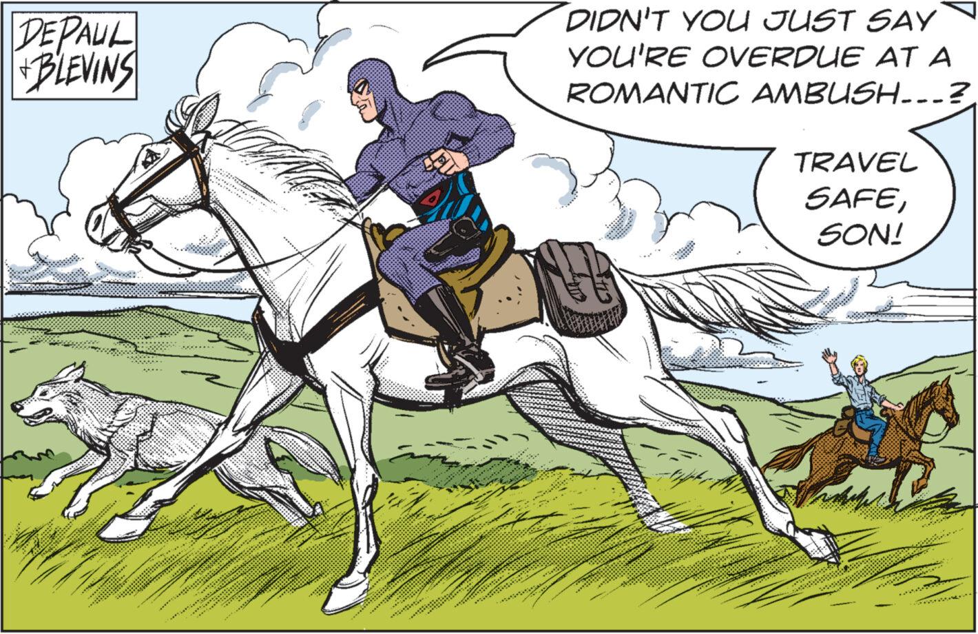 Rein OCR: DEPAUL BLEVINS * KA 62 20 DIDN'T YOU JUST SAY YOU'RE OVERDUE AT A ROMANTIC AMBUSH...? TRAVEL SAFESON! DEPAUL BLEVINS * KA 62 20 DIDN'T YOU JUST SAY YOU'RE OVERDUE AT A ROMANTIC AMBUSH ... ? TRAVEL SAFESON !