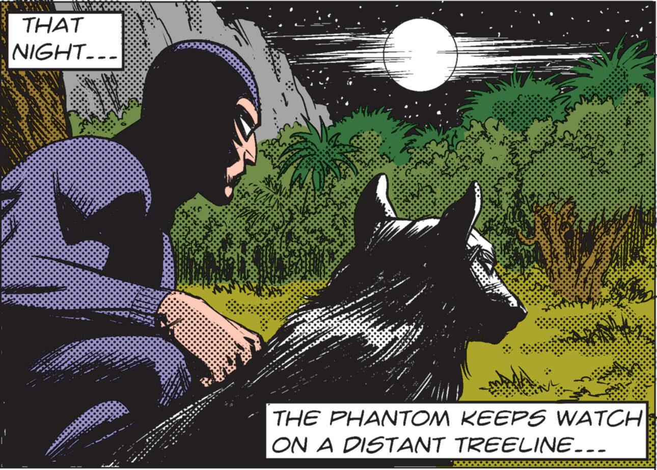 Painting OCR: 1 1 THAT NIGHT... W Wes THE PHANTOM KEEPS WATCH ON A DISTANT TREELINE... 1 1 THAT NIGHT ... W Wes THE PHANTOM KEEPS WATCH ON A DISTANT TREELINE ...