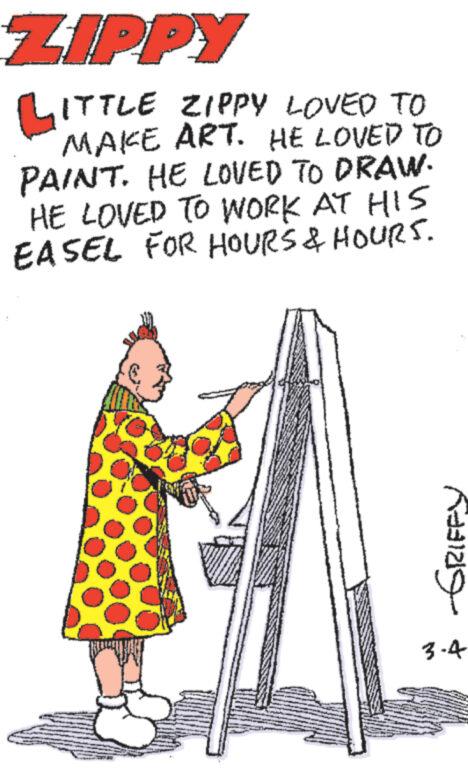 Illustration OCR: ZIPPY LITTLE ZIPPY LOVED TO MAKE ART. HE LOVED TO PAINT. HE LOVED TO DRAW. HE LOVED TO WORK AT HIS EASEL FOR HOURS & HOURS. Ra 3-4 ZIPPY LITTLE ZIPPY LOVED TO MAKE ART . HE LOVED TO PAINT . HE LOVED TO DRAW . HE LOVED TO WORK AT HIS EASEL FOR HOURS & HOURS . Ra 3-4