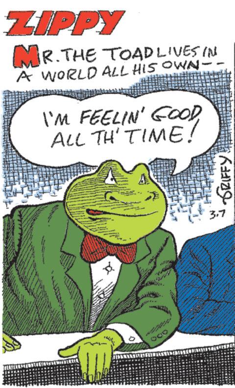 Publication OCR: ZIPPY MR.THE TOAD LIVES IN A WORLD ALL HIS OWN- I'M FEELIN' GOODALL TH' TIME! www *** www www www www W cabe www. SRIFFY 3.7 ZIPPY MR.THE TOAD LIVES IN A WORLD ALL HIS OWN I'M FEELIN ' GOODALL TH ' TIME ! www *** www www www www W cabe www . SRIFFY 3.7