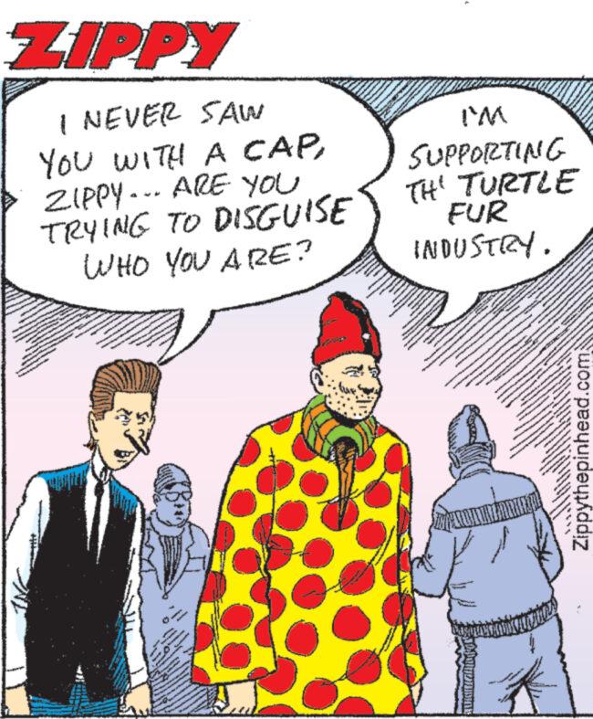 Line OCR: www ZIPPY I NEVER SAW YOU WITH A CAPZIPPY... ARE YOU TRYING TO DISGUISE WHO YOU ARE? 7 I'M SUPPORTING THE TURTLE FUR INDUSTRY. Zippythepinhead.com www ZIPPY I NEVER SAW YOU WITH A CAPZIPPY ... ARE YOU TRYING TO DISGUISE WHO YOU ARE ? 7 I'M SUPPORTING THE TURTLE FUR INDUSTRY . Zippythepinhead.com