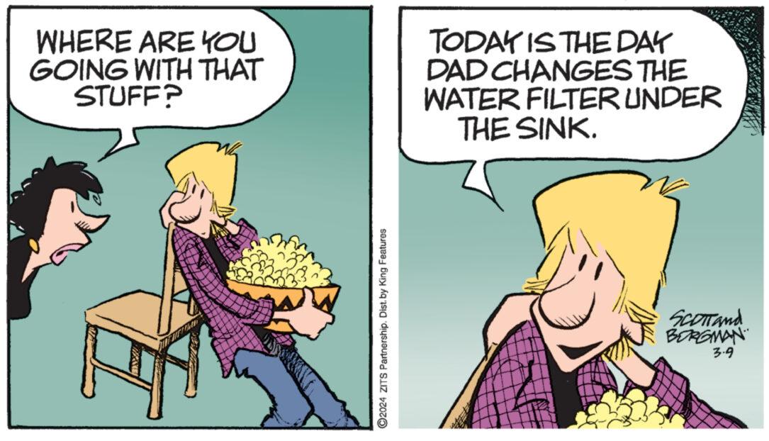 Fictional character OCR: WHERE ARE YOU GOING WITH THAT STUFF? ?2024 ZITS Partnership. Dist.by King Features TODAY IS THE DAY DAD CHANGES THE WATER FILTER UNDER THE SINK. SCOTT and BORGMAN 3.9 WHERE ARE YOU GOING WITH THAT STUFF ? ?2024 ZITS Partnership . Dist.by King Features TODAY IS THE DAY DAD CHANGES THE WATER FILTER UNDER THE SINK . SCOTT and BORGMAN 3.9