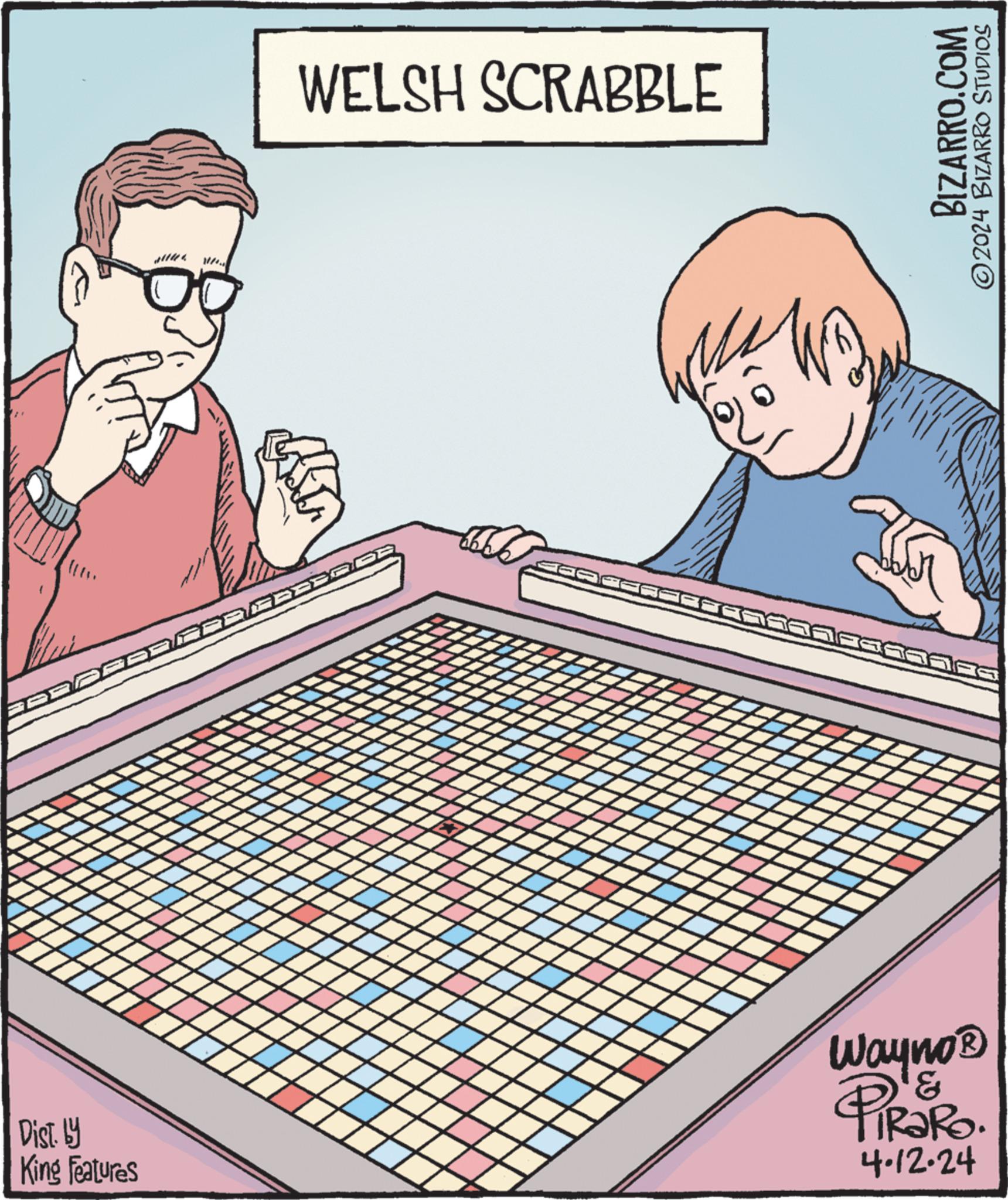 Design OCR: Dist. by King Features WELSH SCRABBLE XXXXX BIZARRO.COM 2024 BIZARRO STUDIOS Wayno? 3 PIR?RO 4.12.24 Dist . by King Features WELSH SCRABBLE XXXXX BIZARRO.COM 2024 BIZARRO STUDIOS Wayno? 3 PIR?RO 4.12.24