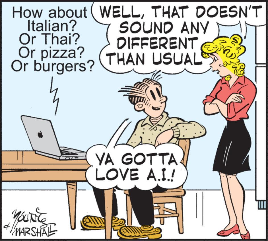 People OCR: How about (WELLTHAT DOESN'T Italian? Or Thai? Or pizza? Or burgers? YOU'RE MARSHAL SOUND ANY DIFFERENT THAN USUAL YA GOTTA LOVE A.I.! How about ( WELLTHAT DOESN'T Italian ? Or Thai ? Or pizza ? Or burgers ? YOU'RE MARSHAL SOUND ANY DIFFERENT THAN USUAL YA GOTTA LOVE A.I. !
