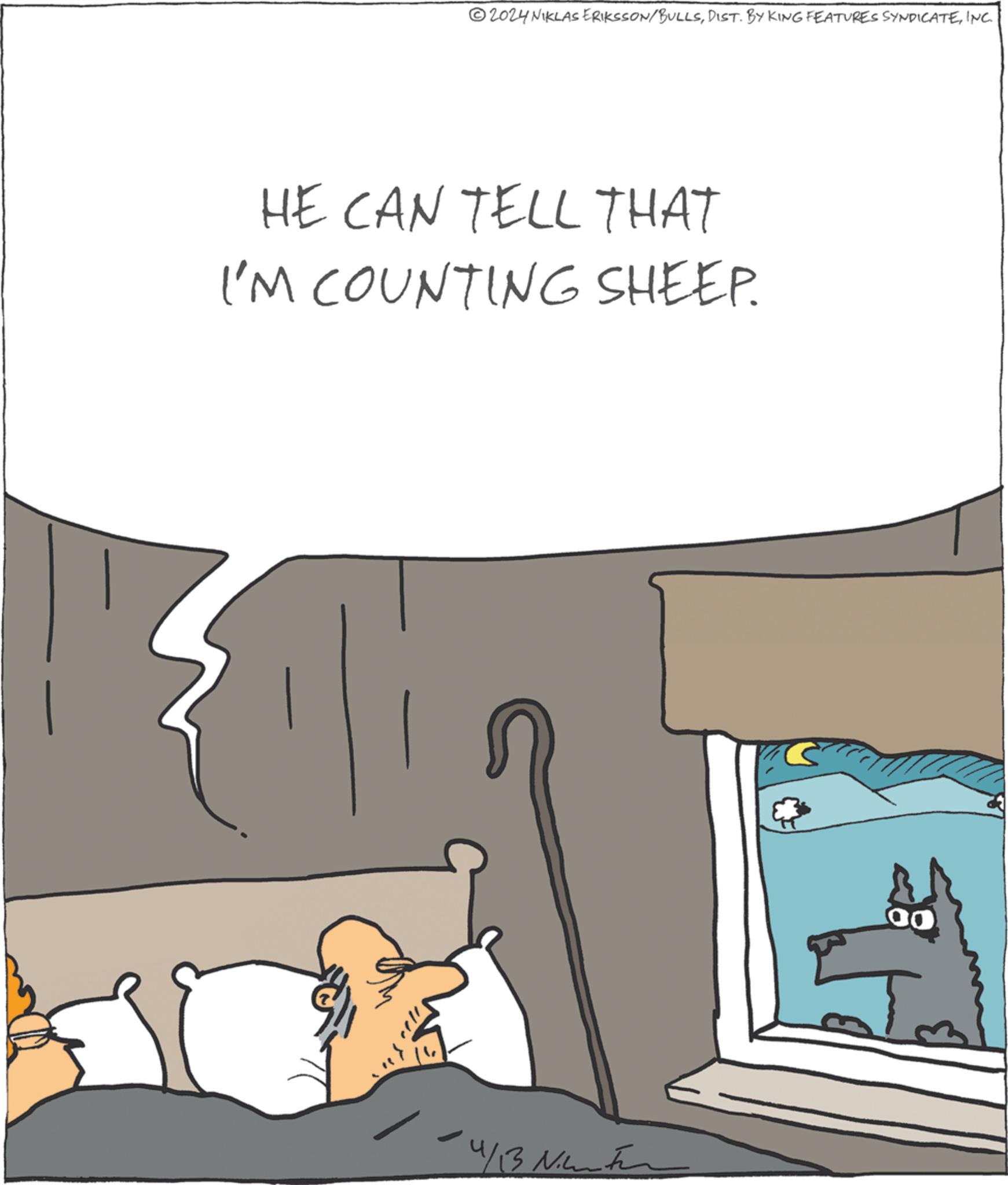 Room OCR: 2024 NIKLAS ERIKSSON/BULLSINC. HE CAN TELL THAT I'M COUNTING SHEEP. - 4/13 Ninten 00 2024 NIKLAS ERIKSSON / BULLSDIST . BY KING FEATURES SYNDICATEINC . HE CAN TELL THAT I'M COUNTING SHEEP . - 4/13 Ninten 00