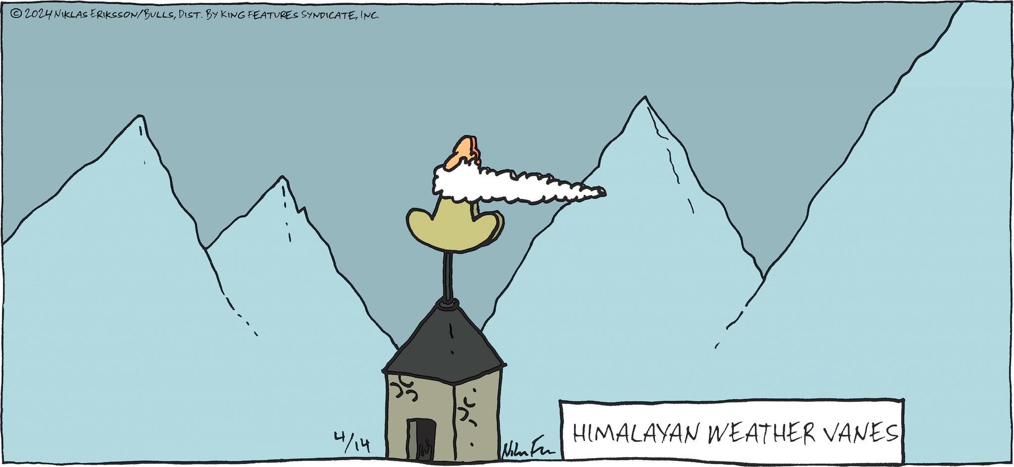 Diagram OCR: 2024 NIKLAS ERIKSSON/BULLSINC. 4/14 HIMALAYAN WEATHER VANES. 2024 NIKLAS ERIKSSON / BULLSDIST . BY KING FEATURES SYNDICATEINC . 4/14 HIMALAYAN WEATHER VANES .
