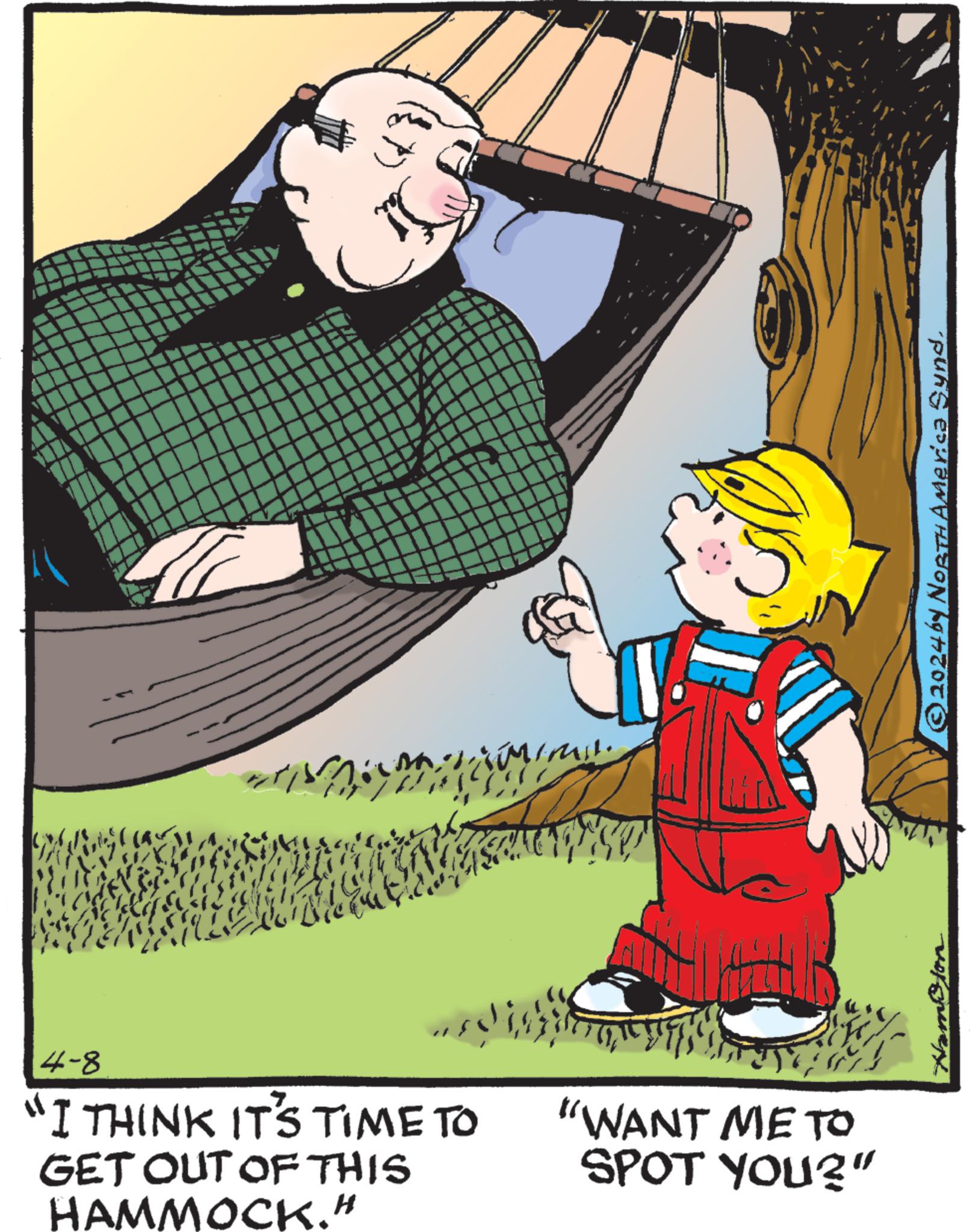 Sharing OCR: 4-8 "I THINK IT'S TIME TO GET OUT OF THIS HAMMOCK." "WANT ME TO SPOT YOU?" © 2024 by NORTH America Synd. 4-8 " I THINK IT'S TIME TO GET OUT OF THIS HAMMOCK . " " WANT ME TO SPOT YOU ? " © 2024 by NORTH America Synd .