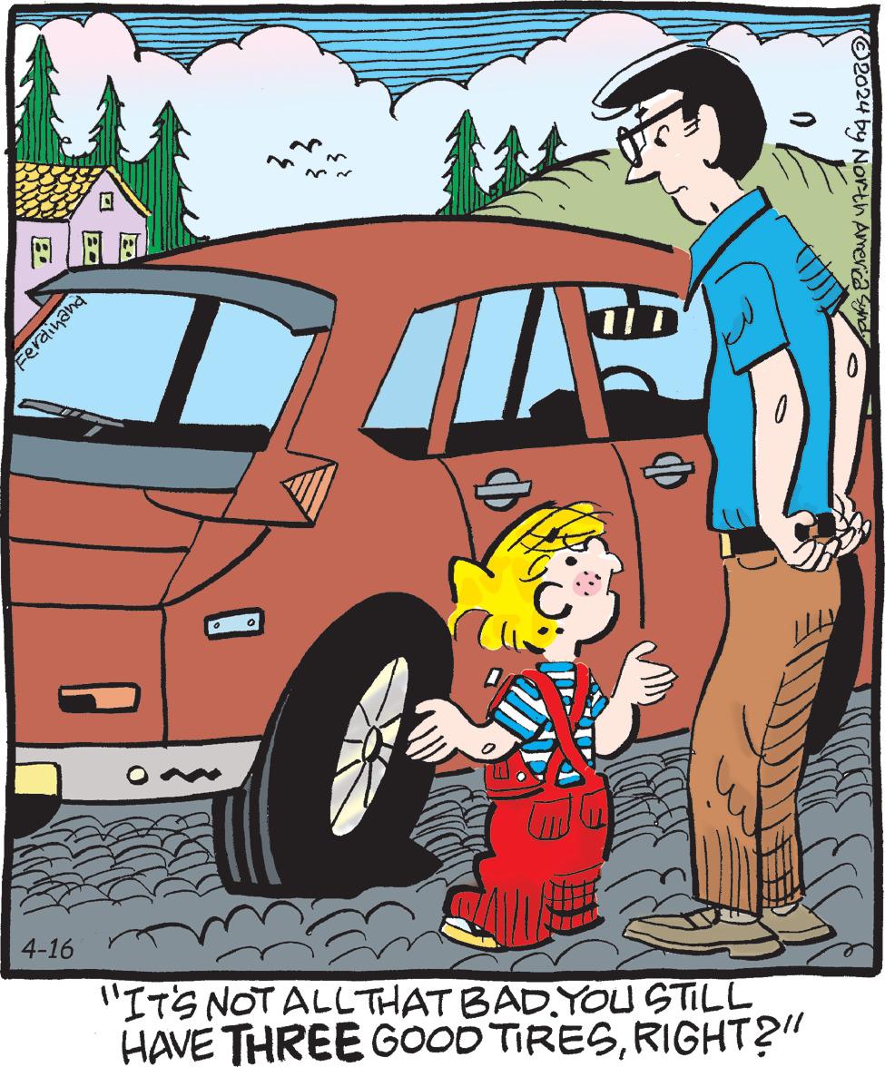 Automotive design OCR: Ferdinand © 2024 by North America Synd 4-16 "IT'S NOT ALL THAT BAD. YOU STILL HAVE THREE GOOD TIRESRIGHT?" Ferdinand © 2024 by North America Synd 4-16 " IT'S NOT ALL THAT BAD . YOU STILL HAVE THREE GOOD TIRESRIGHT ? "