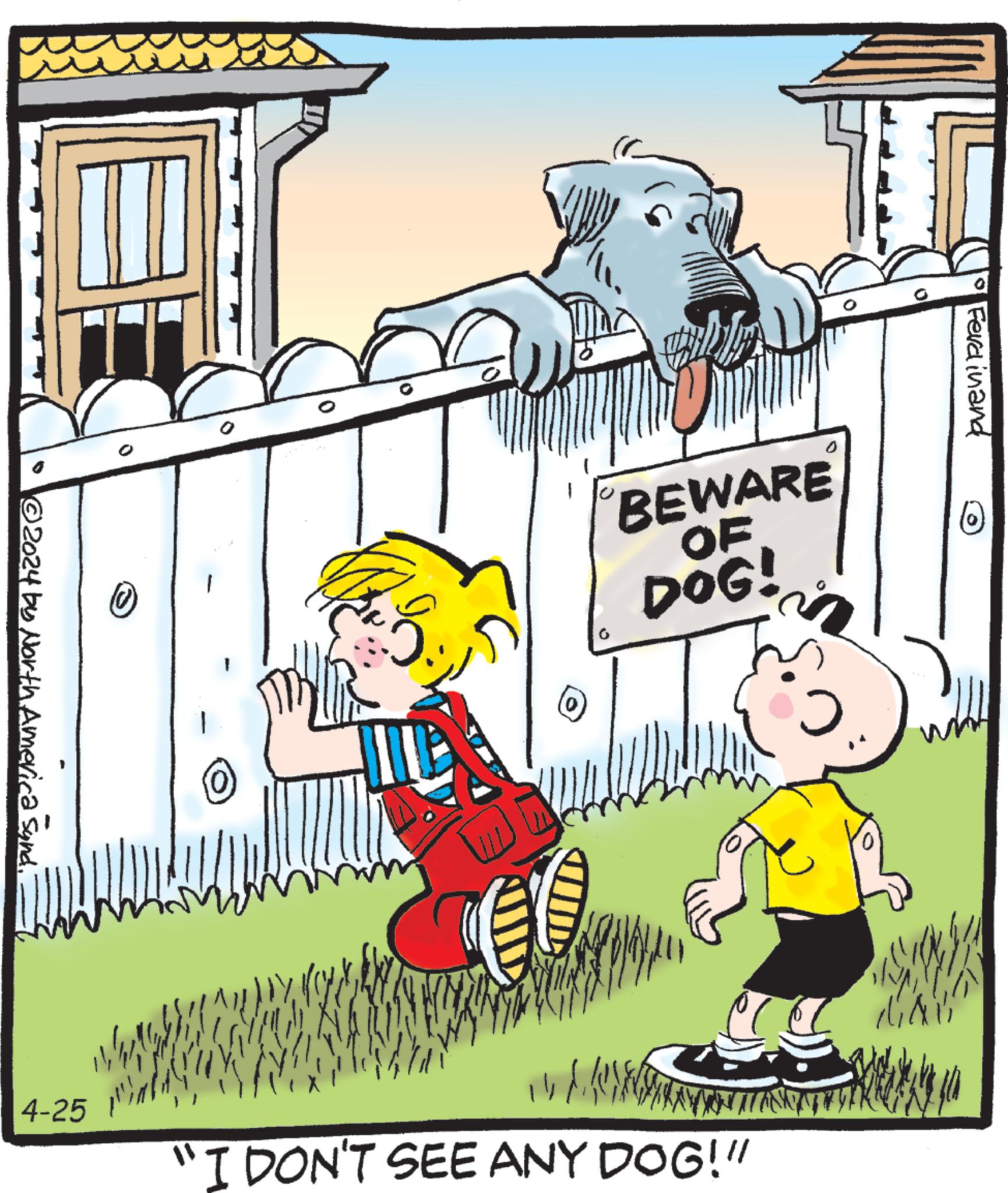 Font OCR: © ©2024 by North America Sund. Ferdinand BEWARE OF DOG! A V P 4-25 "I DON'T SEE ANY DOG!" © © 2024 by North America Sund . Ferdinand BEWARE OF DOG ! A V P 4-25 " I DON'T SEE ANY DOG ! "