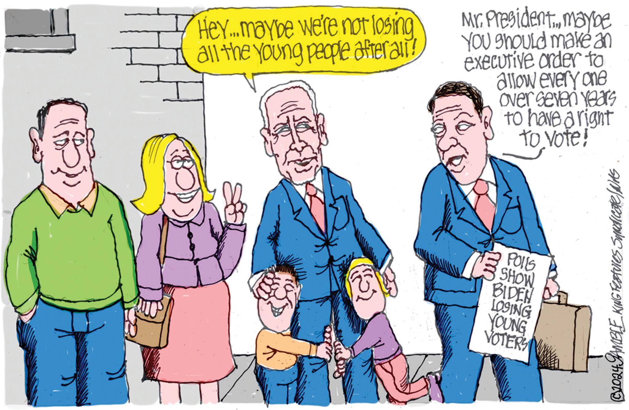 Line OCR: Hey...maybe we're not losing all the young people after all! Mr. President..maybe You should make an executive order to allow every one over seven years to have a right to Vote! POLLS SHOW BIDEN LOSING YOUNG VOTERS ©2024 GAMBLE KING Features Syndicate) WAS Hey ... maybe we're not losing all the young people after all ! Mr. President ..maybe You should make an executive order to allow every one over seven years to have a right to Vote ! POLLS SHOW BIDEN LOSING YOUNG VOTERS © 2024 GAMBLE KING Features Syndicate ) WAS