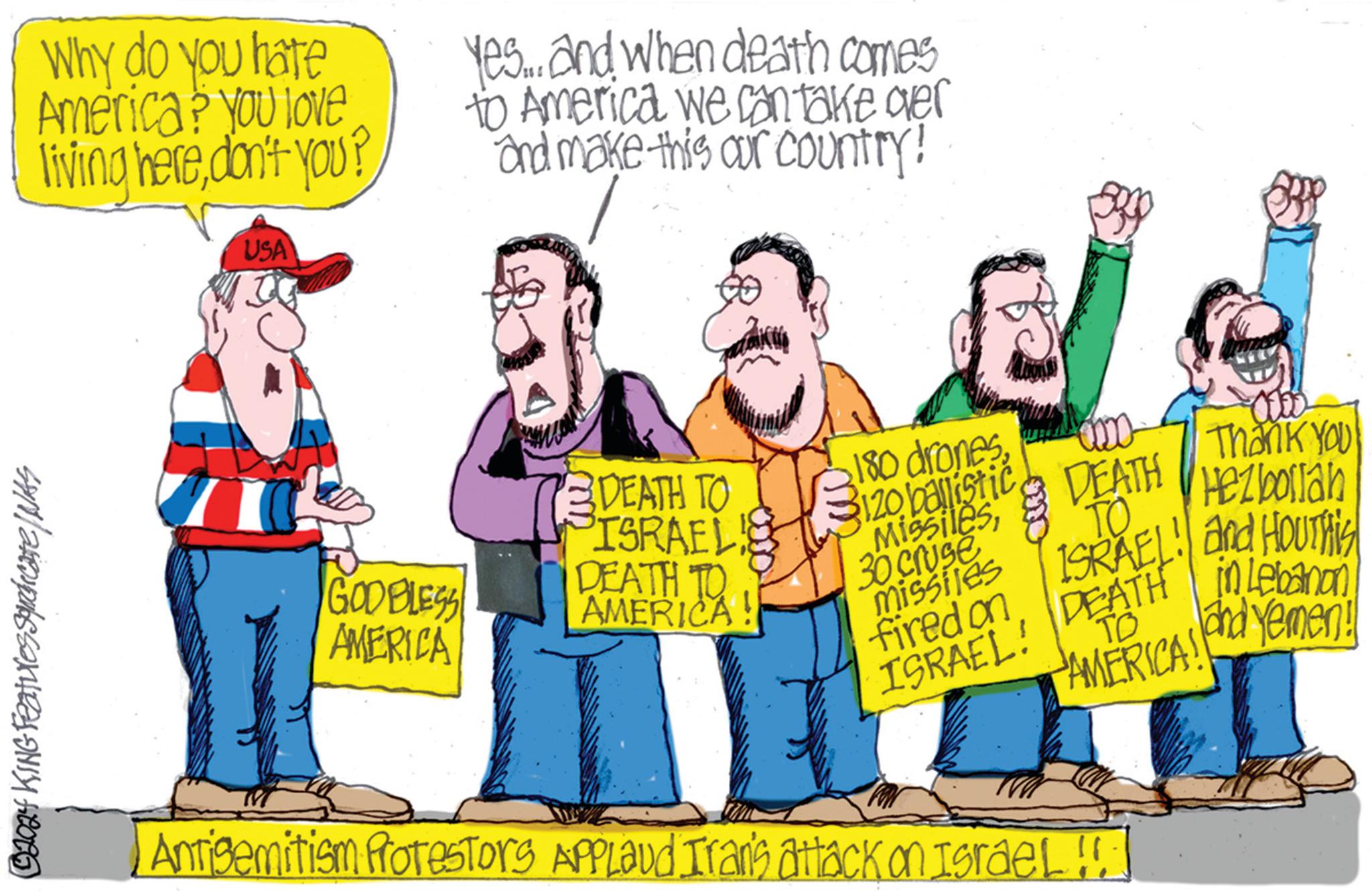 Line OCR: © 2024 KING Features Squadicate | NAS Why do you hate America? You love living heredon't you? USA Yes... and when death comes to America we can take over and make this our country! GOD BLESS AMERICA DEATH TO ISRAEL DEATH TO AMERICA! ? 180 drones120 ballistic Missiles30 cruse 0000 DEATH TO Thank You Hezbollah missiles ISRAEL and HOUTH fired on ISRAEL DEATH in Lebanon TO AMERICA! Antisemitism Protestors AppLaud Iran's attack on Israel !!! and Yemen! © 2024 KING Features Squadicate | NAS Why do you hate America ? You love living heredon't you ? USA Yes ... and when death comes to America we can take over and make this our country ! GOD BLESS AMERICA DEATH TO ISRAEL DEATH TO AMERICA ! ? 180 drones120 ballistic Missiles30 cruse 0000 DEATH TO Thank You Hezbollah missiles ISRAEL and HOUTH fired on ISRAEL DEATH in Lebanon TO AMERICA ! Antisemitism Protestors AppLaud Iran's attack on Israel !!! and Yemen !