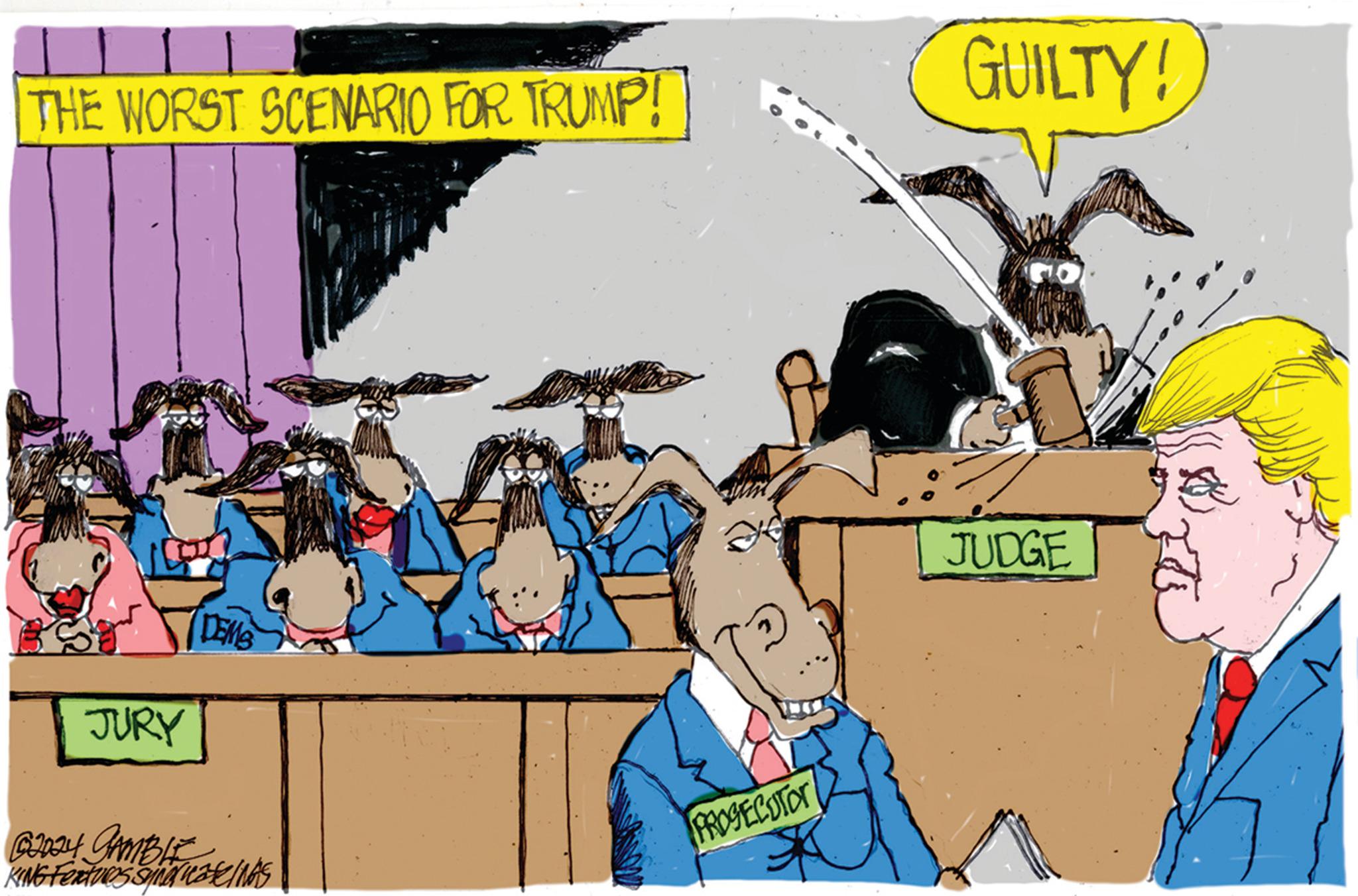Humour OCR: THE WORST SCENARIO FOR TRUMP! JURY DEMS ©2024 GAMBLE KING Fextures Sing mateNAS PROSECUTOT GUILTY! JUDGE THE WORST SCENARIO FOR TRUMP ! JURY DEMS © 2024 GAMBLE KING Fextures Sing mateNAS PROSECUTOT GUILTY ! JUDGE