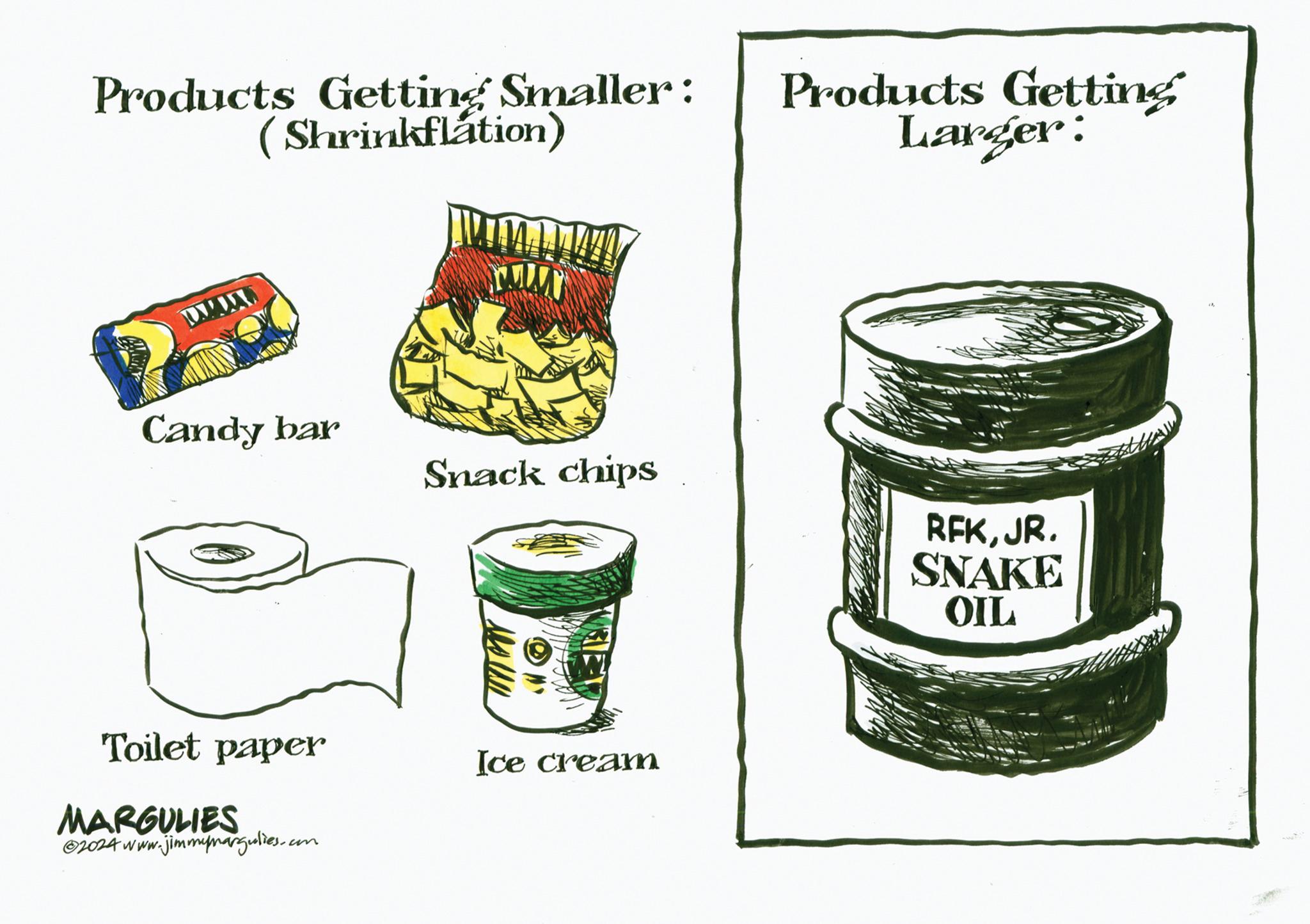 Plant OCR: Products Getting Smaller: (Shrinkflation) Products Getting Larger: Candy bar Snack chips Toilet paper MARGULIES 2024 www.jimmymargulies.com Ice cream RFKJR. SNAKE OIL Products Getting Smaller : ( Shrinkflation ) Products Getting Larger : Candy bar Snack chips Toilet paper MARGULIES 2024 www.jimmymargulies.com Ice cream RFKJR . SNAKE OIL