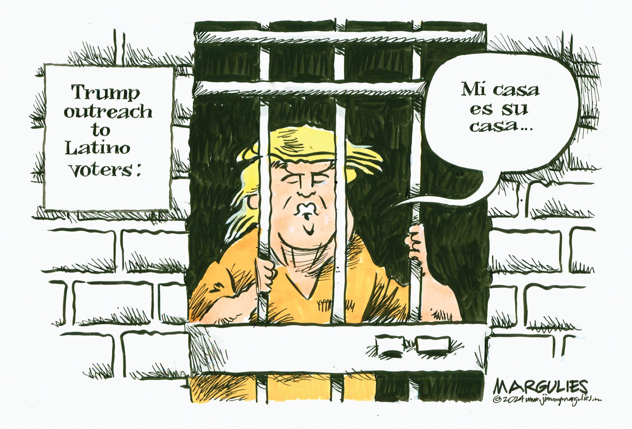 Drawing OCR: Trump outreach to Latino voters: Mi casa es su casa... I MARGULIES ©2024 www.jimmymargulies.on Trump outreach to Latino voters : Mi casa es su casa ... I MARGULIES © 2024 www.jimmymargulies.on